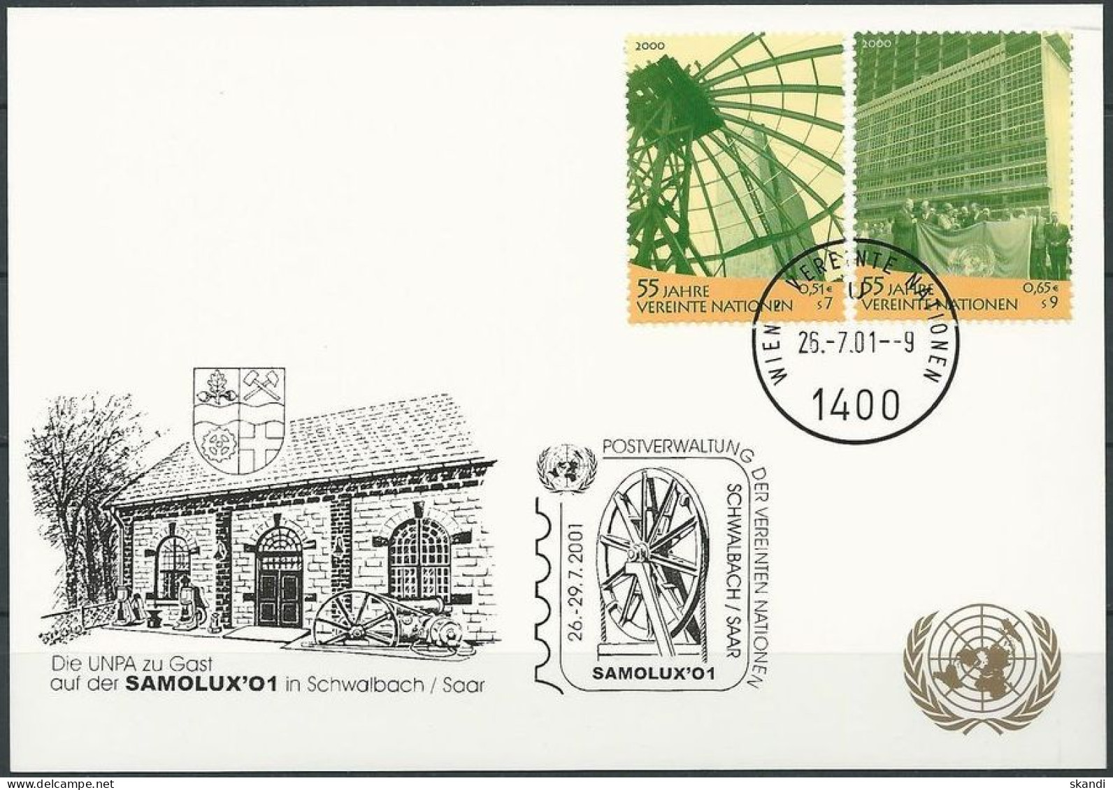 UNO WIEN 2001 Mi-Nr. 230 WEISSE KARTE SAMOLUX SCHWALBACH 26.07.2001 - Covers & Documents