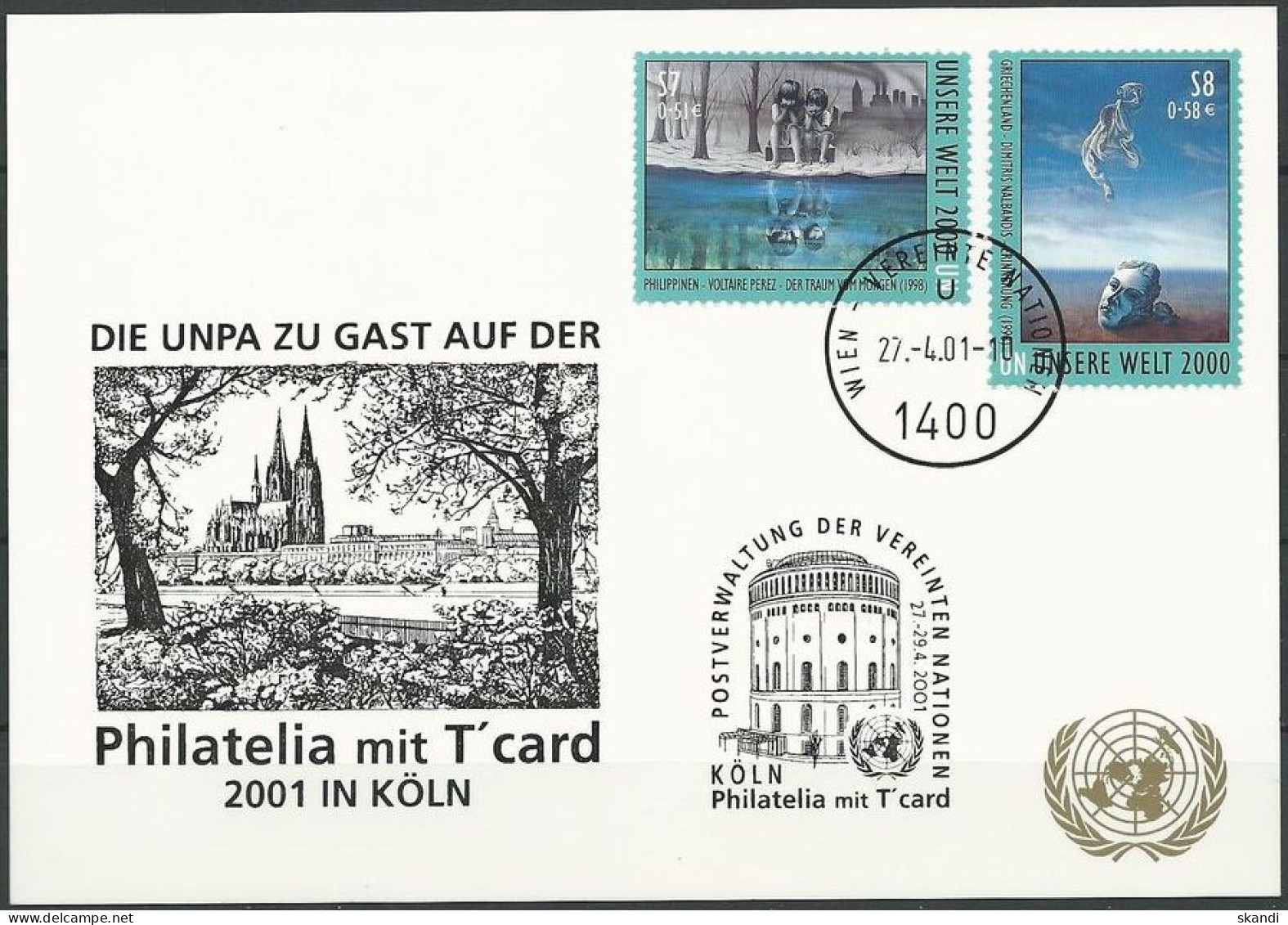 UNO WIEN 2001 Mi-Nr. 227 WEISSE KARTE - PHILATELIA KÖLN 27.04.2001 - Storia Postale