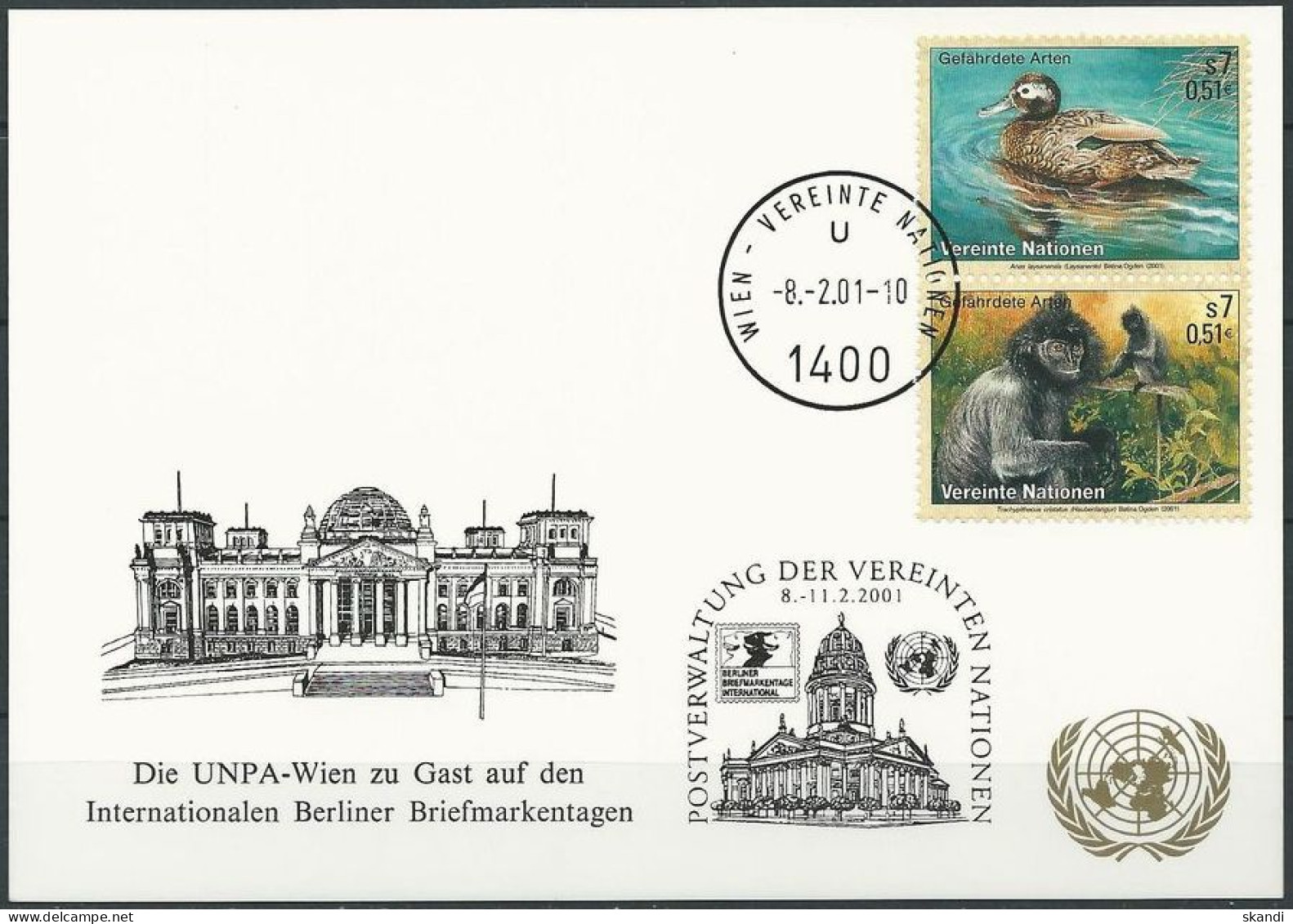 UNO WIEN 2001 Mi-Nr. 225 WEISSE KARTE - BERLIN 08.02.2001 - Covers & Documents