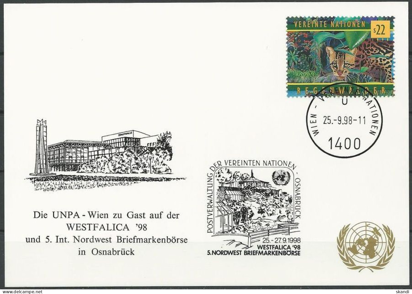 UNO WIEN 1998 Mi-Nr. 190 WEISSE KARTE - WESTFALICA OSNABRÜCK 25.09.1998 - Cartas & Documentos