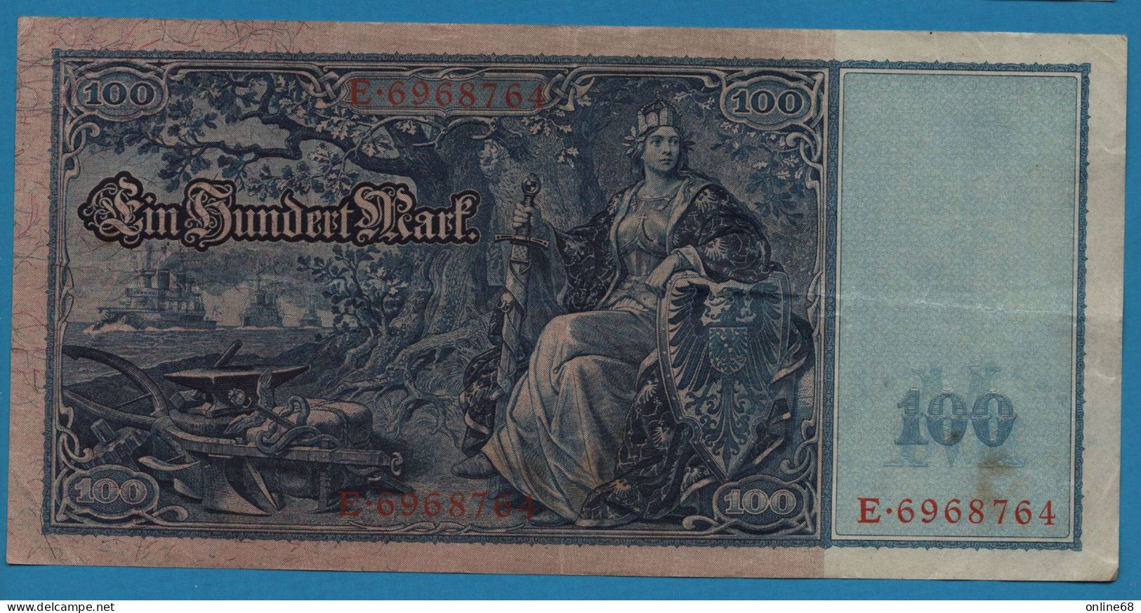 DEUTSCHES REICH 100 MARK 21.04.1910 # E.6968764 P# 42 "Flottenhunderter" Blue Paper - 100 Mark