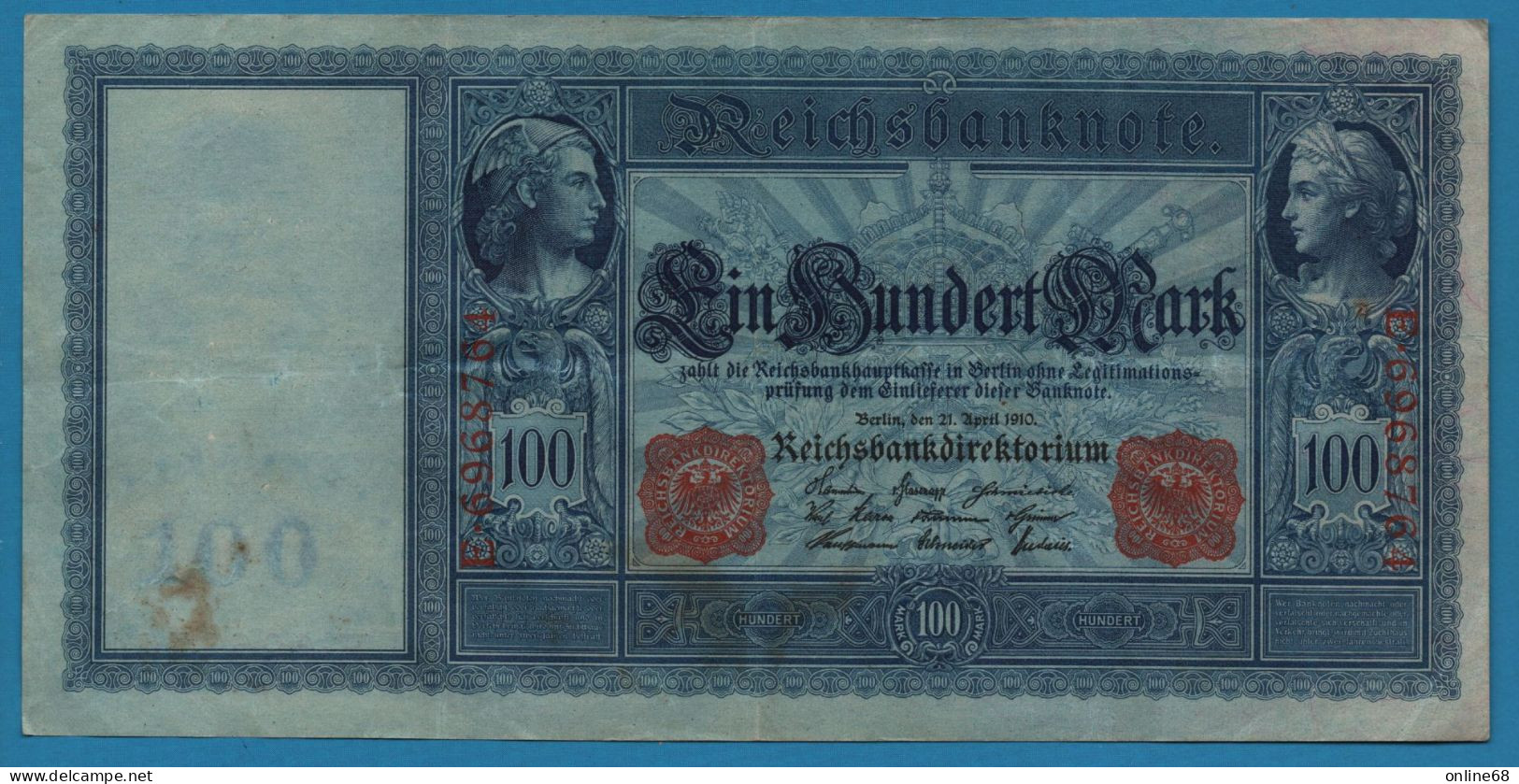 DEUTSCHES REICH 100 MARK 21.04.1910 # E.6968764 P# 42 "Flottenhunderter" Blue Paper - 100 Mark