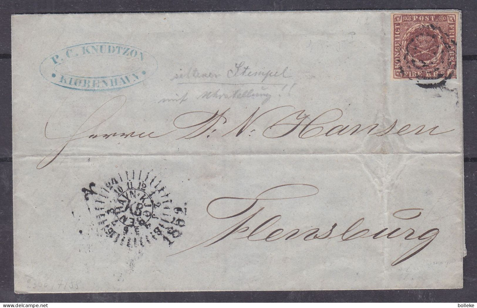 Danemark - Lettre De 1852 - 4 Marges - Oblit Copenhagen - Exp Vers Flensburg - Avec Cachet Rare - - Cartas & Documentos