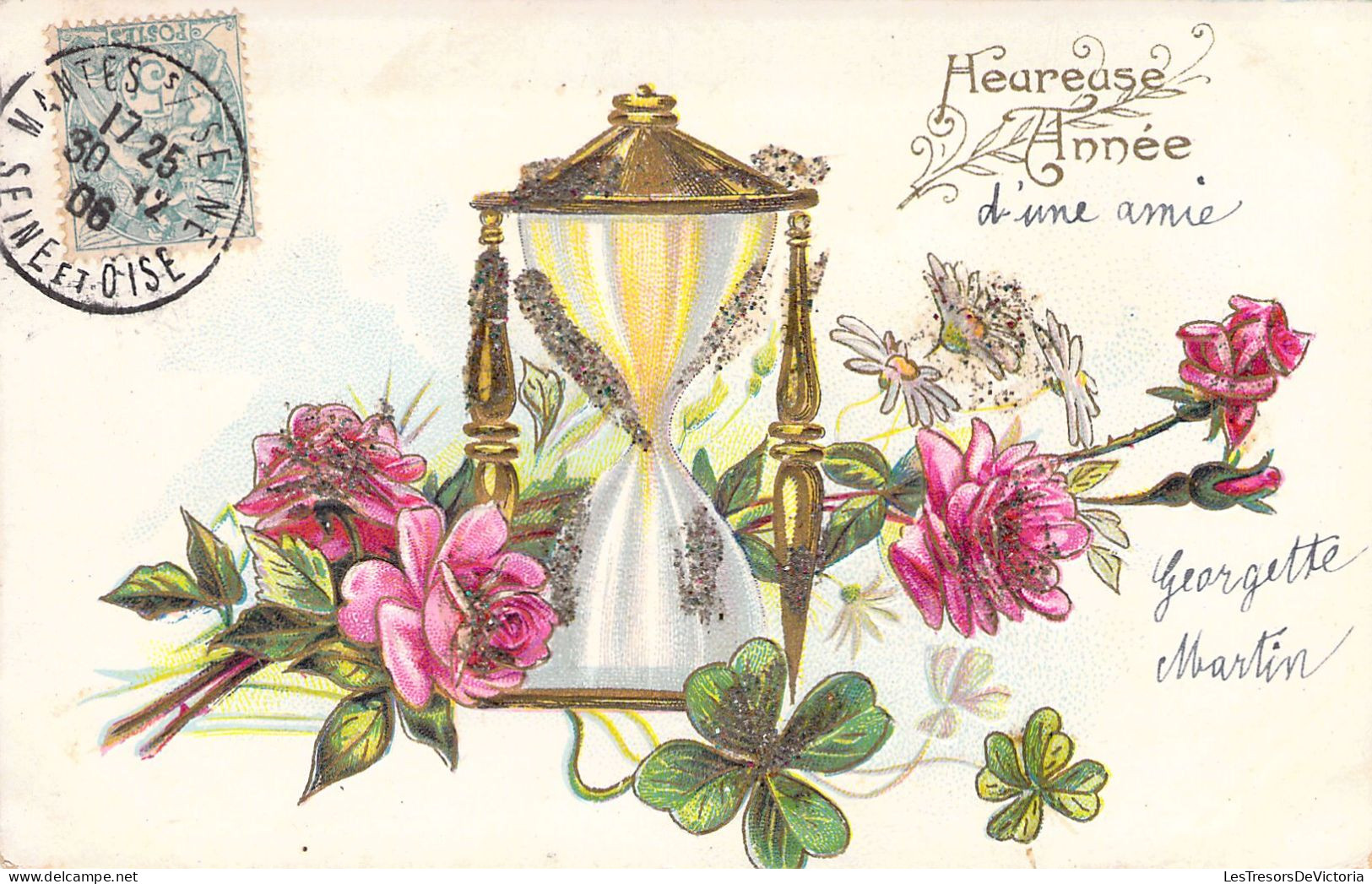 NOUVEL AN - Sablier Et Fleurs - Trèfle - Carte Postale Ancienne - Neujahr