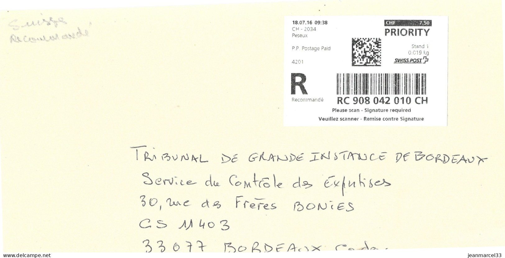 Lettre Affranchissement Mécanique Recommandé Vignette De Peseux 18.07.16 - Postage Meters