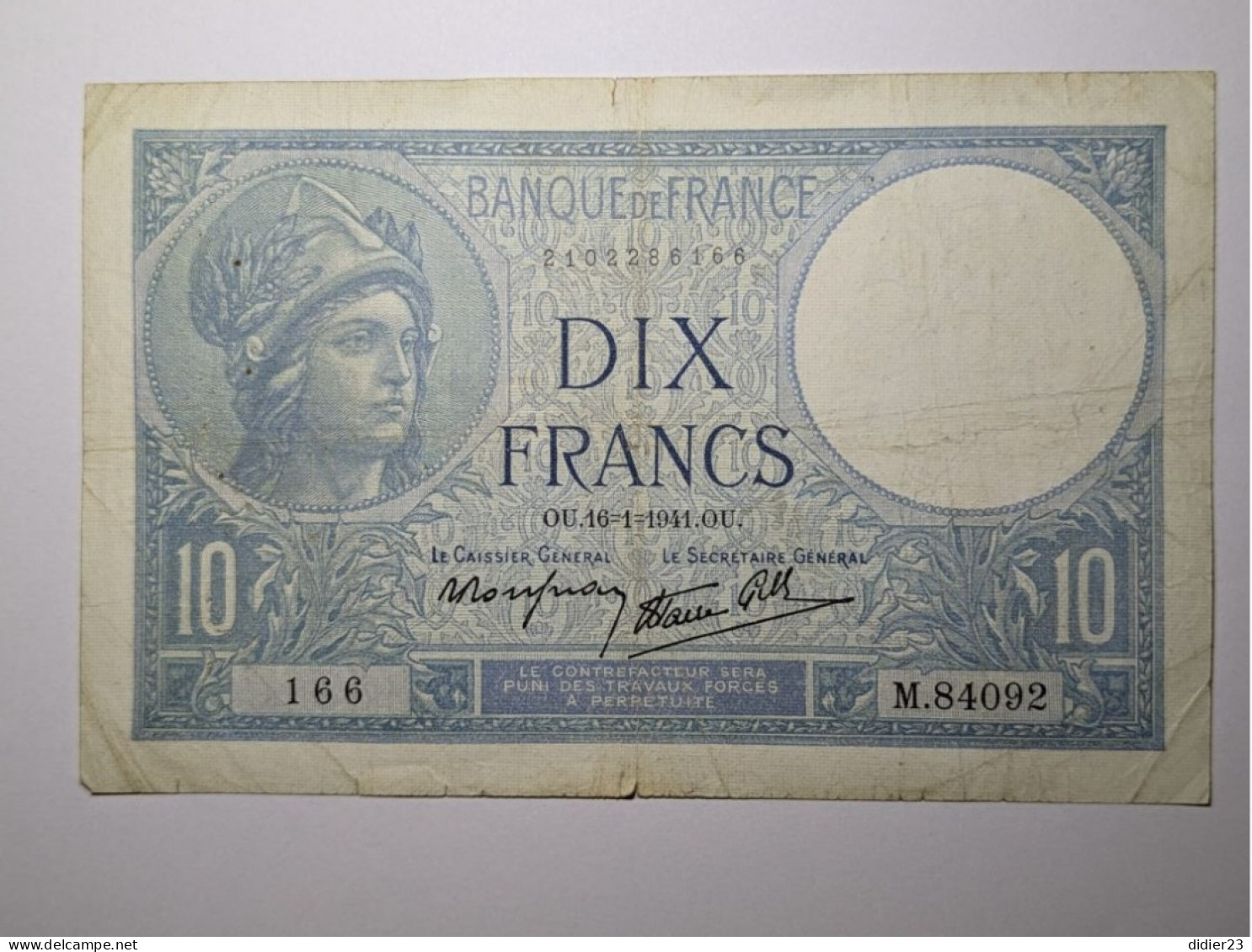 BILLET DE BANQUE  BANQUE DE FRANCE  2286 166 10 DIX FRANCS OU 16-1-1941.OU. LE CAISSIER GENERAL LE SE - 10 F 1916-1942 ''Minerve''