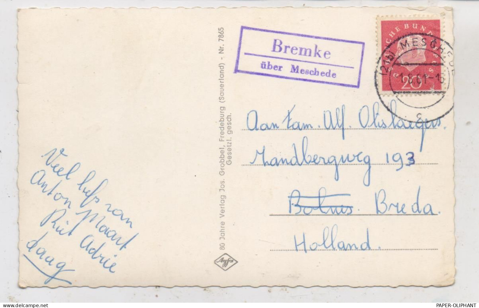 5779 ESLOHE - BREMKE, Postgeschichte, Landpoststempel "Bremke über Meschede", 1961 - Meschede