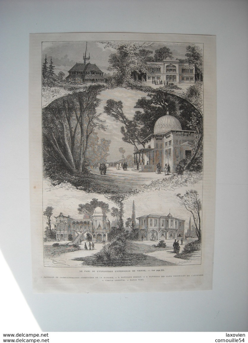 GRAVURE 1873. AUTRICHE. PARC DE L’EXPOSITION DE VIENNE. BAZAR TURC. PAVILLON PERSAN. CERCLE ORIENTAL. FORESTIERE HONGRIE - Chansonniers