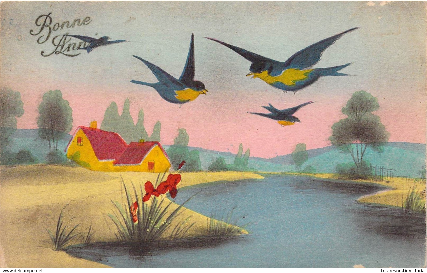 FETES & VOEUX - NOUVEL AN - Bonne Année - Maison Au Bord De L'eau - Oiseaux - Verdure - Carte Postale Ancienne - Nouvel An