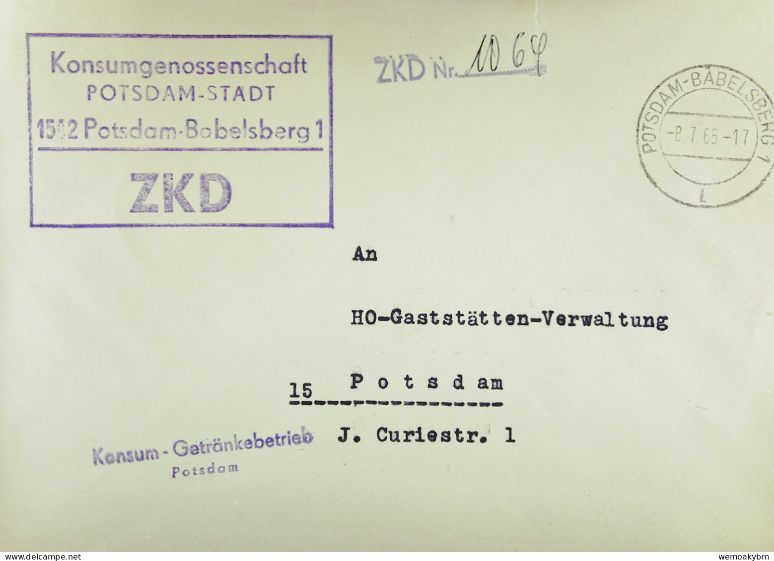 Orts-Brief Mit ZKD-Kastenstpl. "Konsum-Genossenschaft P-Stadt 1502 Potsdam-Babelsberg1" Vom 8.7.65 An HO Gaststätten - Centrale Postdienst