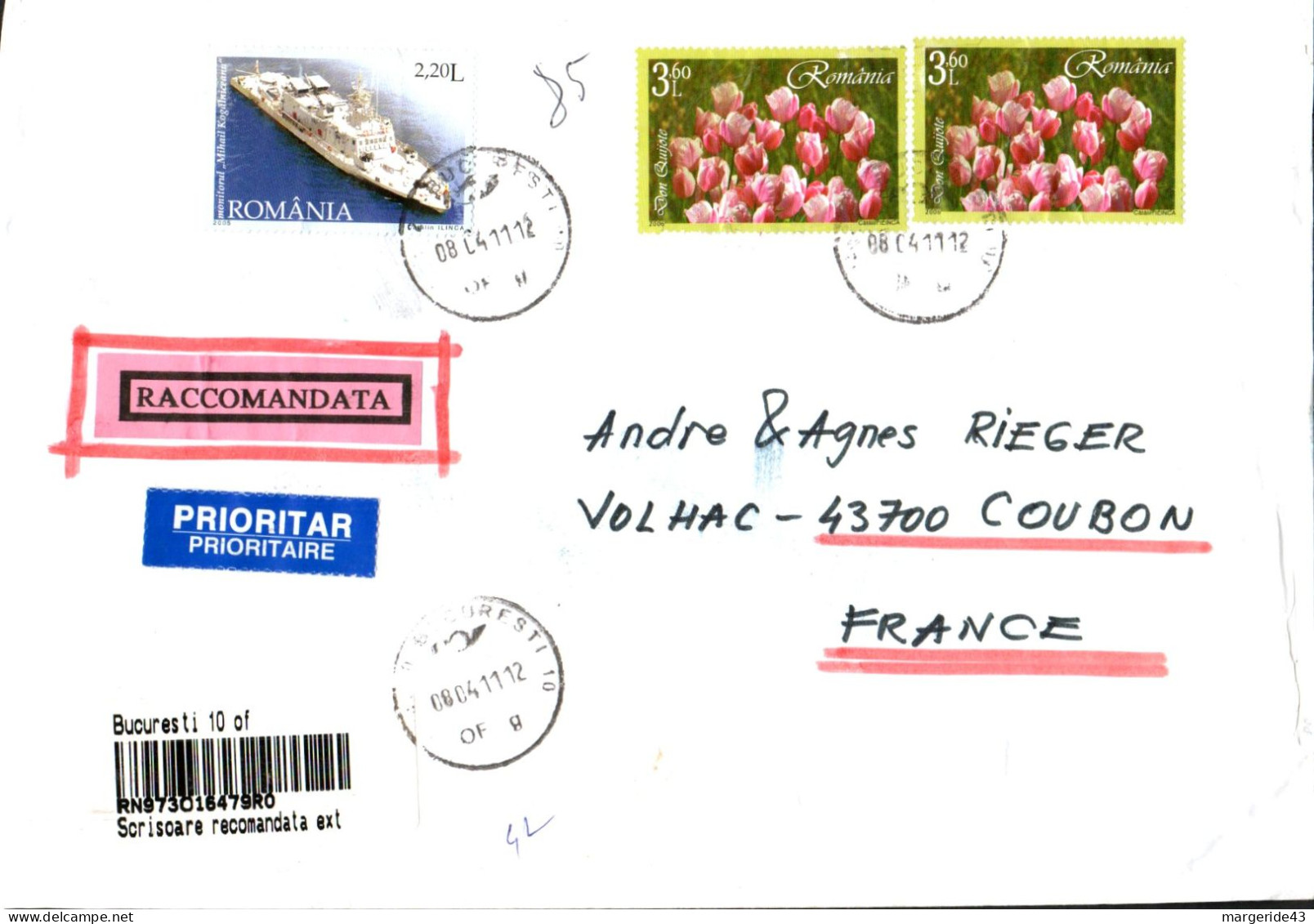 ROUMANIE AFFRANCHISSEMENT COMPOSE SUR LETTRE RECOMMANDEE POUR LA FRANCE 2011 - Cartas & Documentos