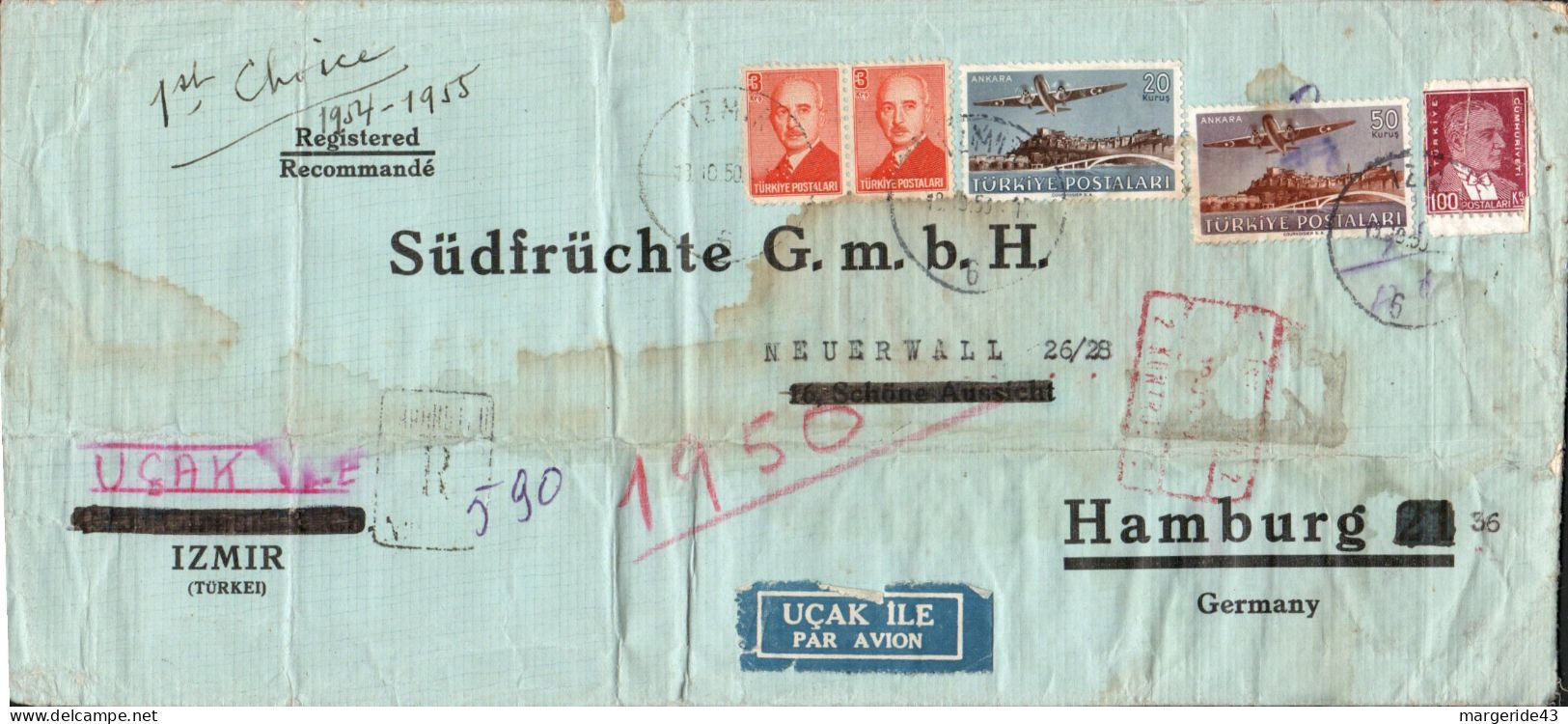 TURQUIE AFFRANCHISSEMENT COMPOSE SUR LETTRE AVION RECOMMANDEE POUR L'ALLEMAGNE 1955 - Cartas & Documentos