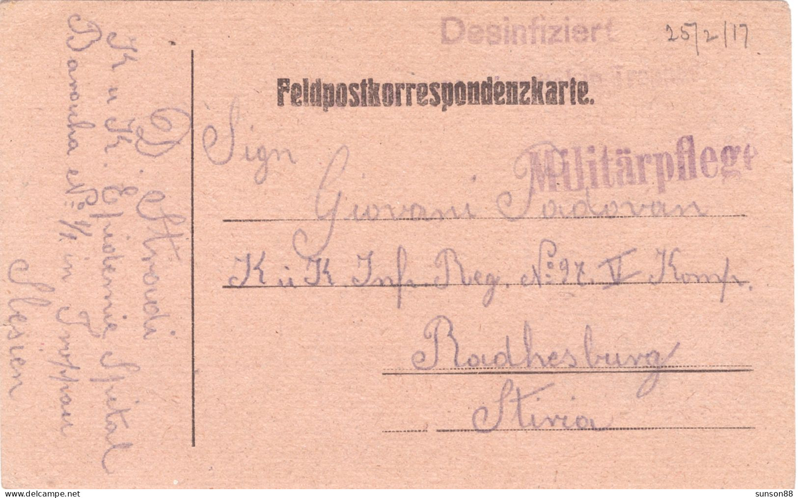 Disinfected ( Epidemic) Hospital, Field Postcard 1917  “Desinfiziert” Blue Linear Cachet  Militärpflege (1917.Feb.17). - Santé