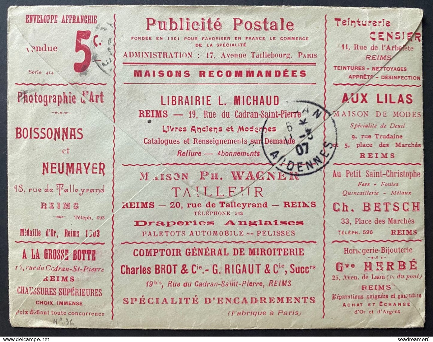 Entier Lettre MOUCHON 15c Rouge Surcharge "TAXE Reduite 0.10" Avec Annonces Publicitaires MAISON TRICOUT REIMS RRR - Overprinted Covers (before 1995)