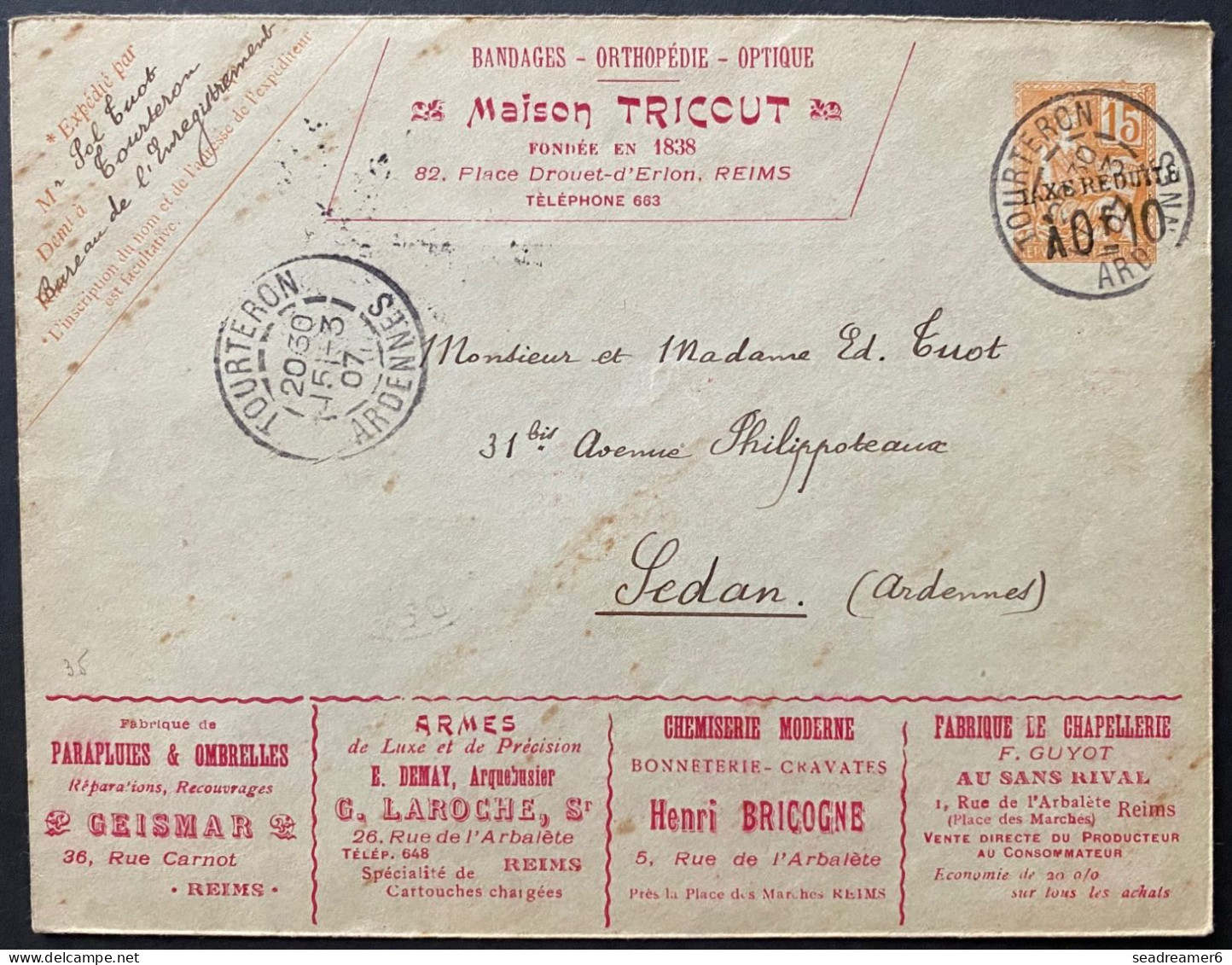 Entier Lettre MOUCHON 15c Orange Surcharge "TAXE Reduite 0.10" Avec Annonces Publicitaires MAISON TRICOUT REIMS RRR - Overprinted Covers (before 1995)