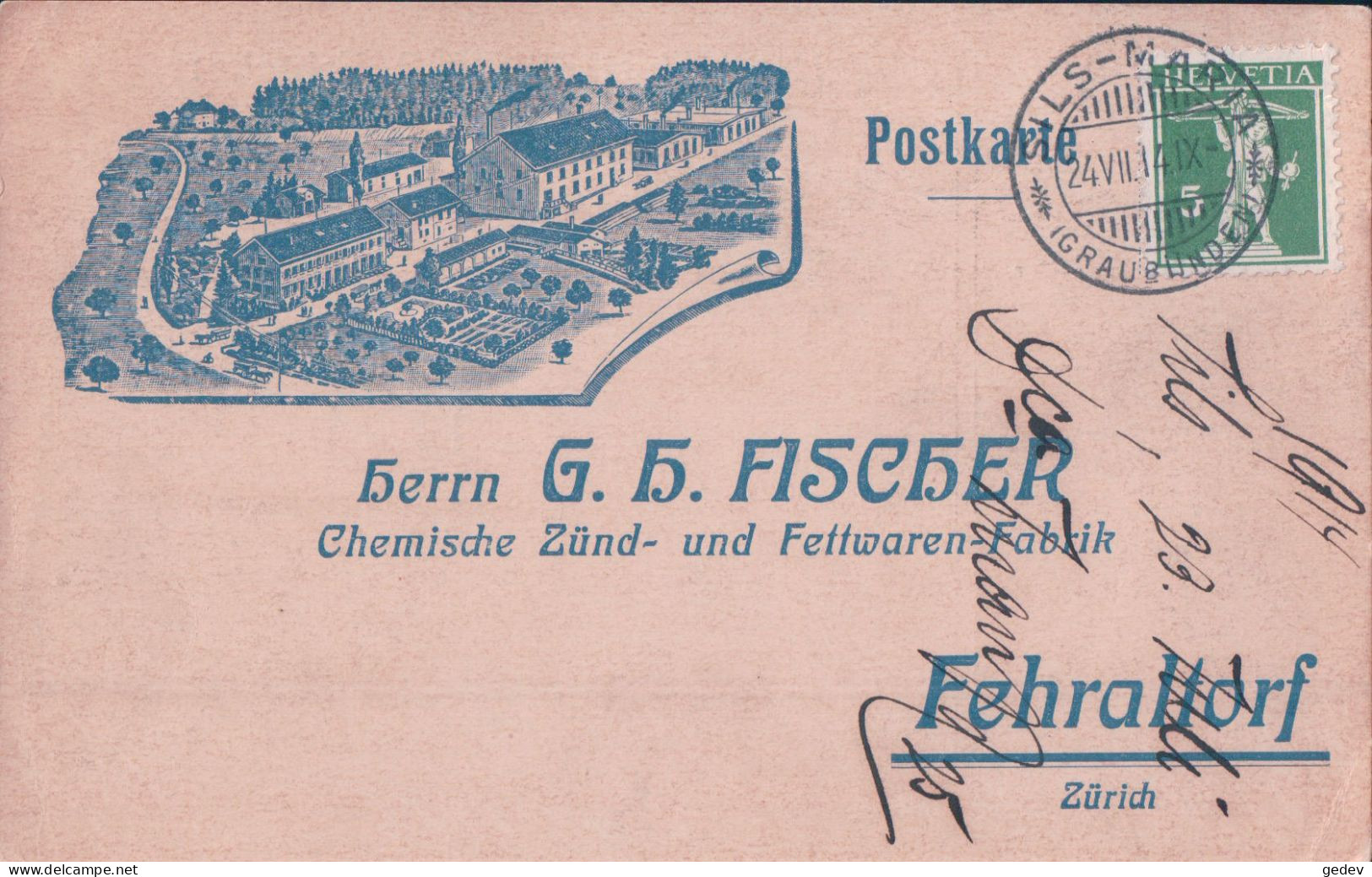 Fehraltorf ZH, Carte Publicité Illustrée, G.H. Fisher Chemische Zünd- Und Fettwaren-Fabrik (24.7.1914) - Fehraltorf