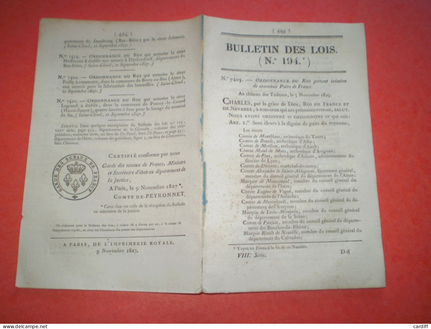 1827:  Pairs De France; Routes Charente, Pau. Soeurs De Montaigut, Blois, Poussan,Clermont, Tarbes,Pont Audemer....legs. - Decreti & Leggi