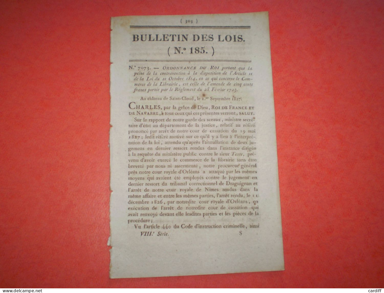 Bulletin Des Lois: Commerce De La Librairie: Amende Et Contravention. Pont Suspendu à Thoirette (Ain). Ordonnances... - Decreti & Leggi