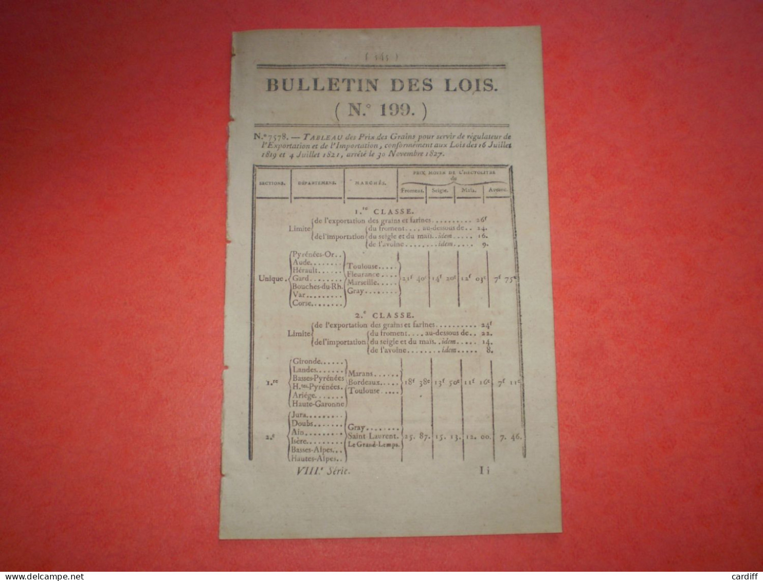 1827:  Prix Grains & Farines; Marine :Conseil Nautique.Boulanger à Thionville.courtier à Fécamp. Poids & Mesures ..... - Decreti & Leggi