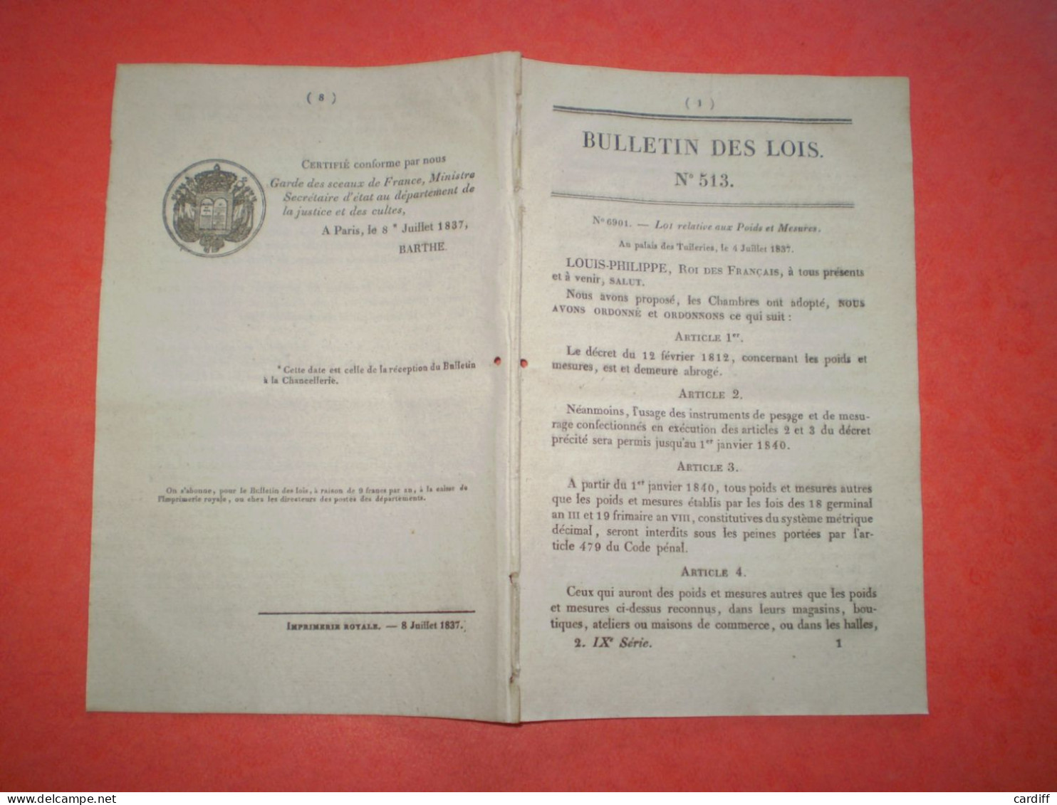 Bulletin Des Lois:Utilisation Des Nouveaux Poids Et Mesures:tableaux Des Mesures Légales. Police Judiciare Vendée Sarthe - Decreti & Leggi