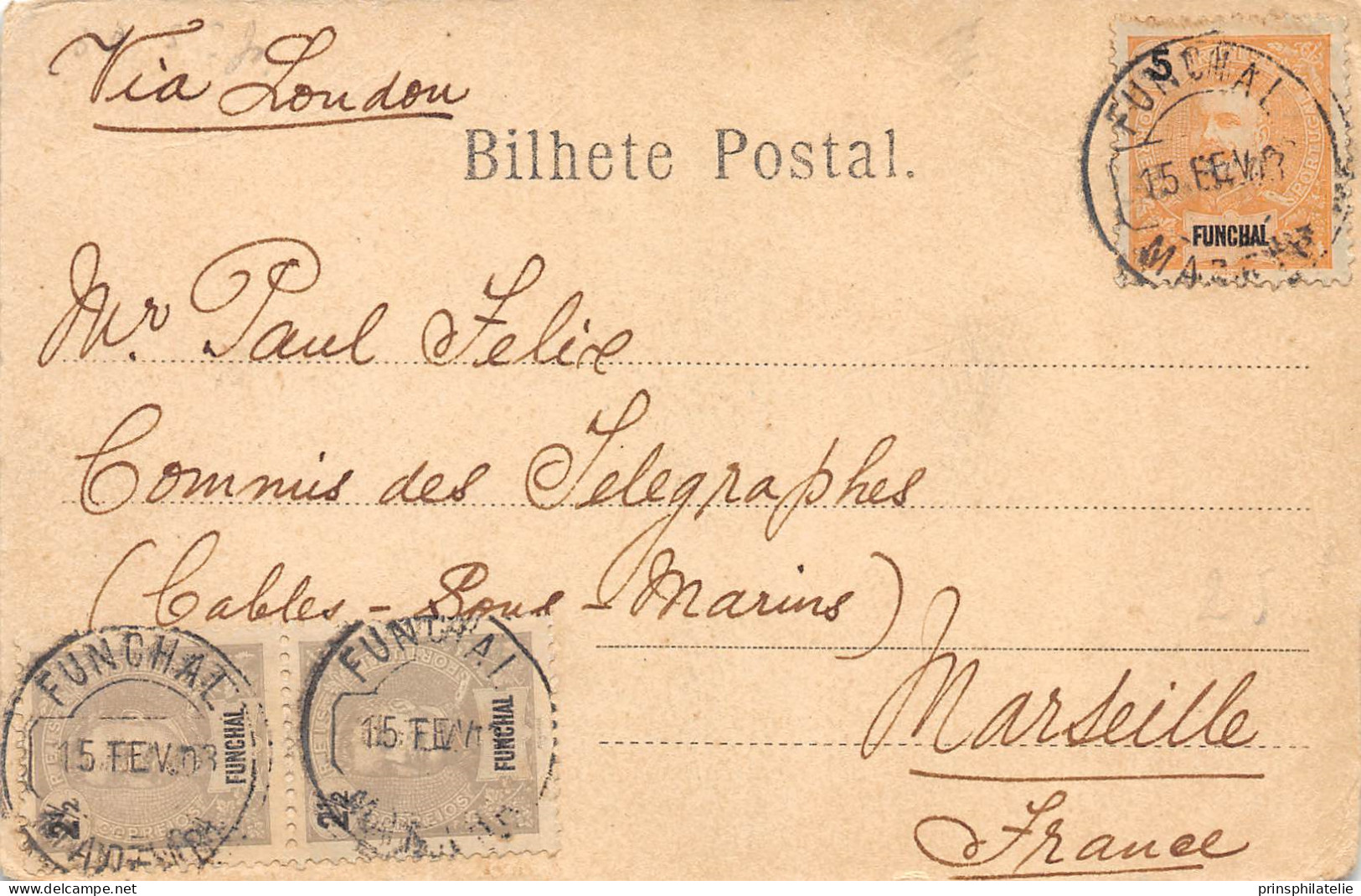 CARTE POSTALE DE MADEIRE AVEC TIMBRES ET OBLITERATION DE FUNCHAL 1903 POUR LA FRANCE VIA LONDRES COVER LETTRE - Funchal