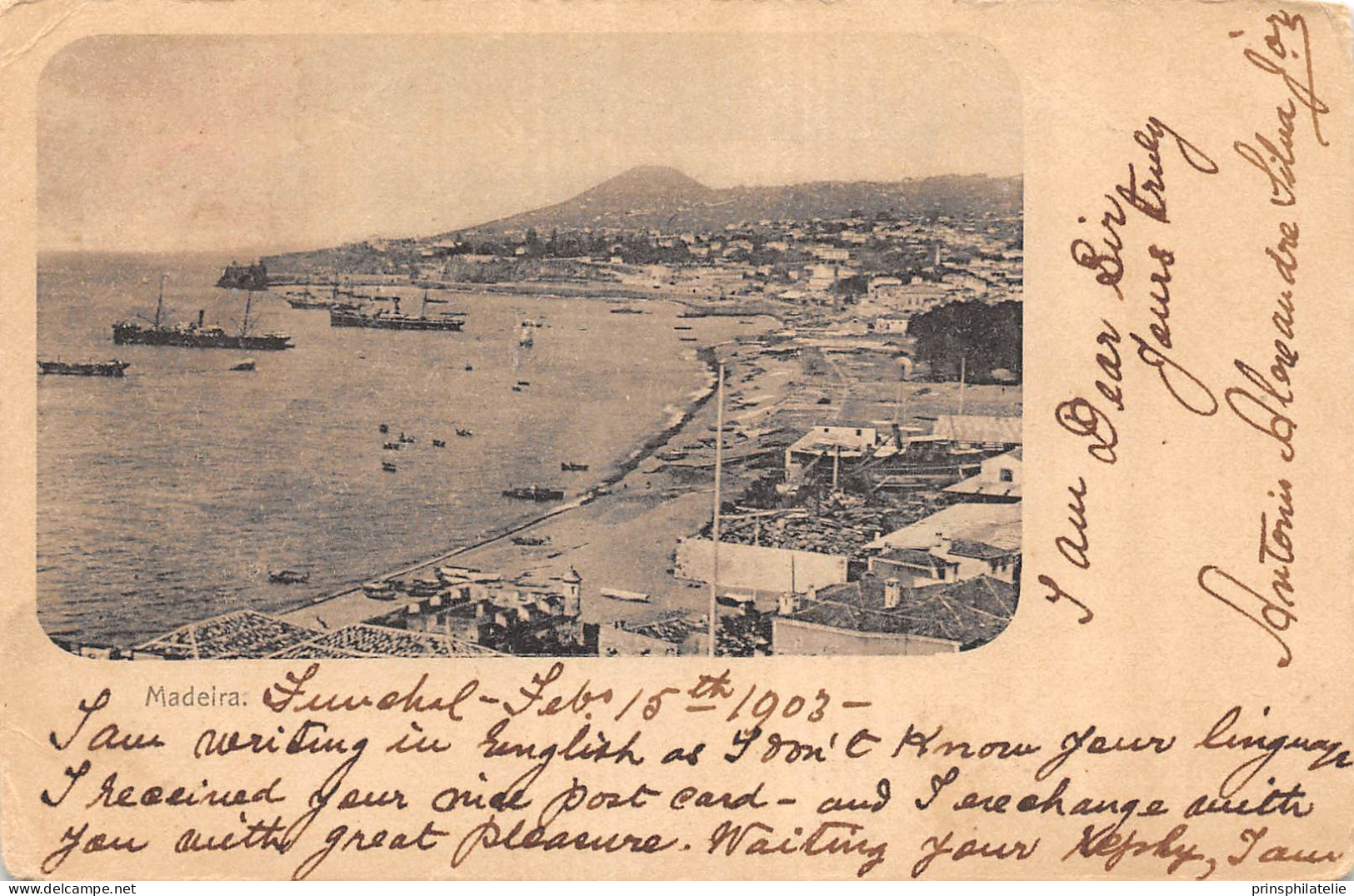 CARTE POSTALE DE MADEIRE AVEC TIMBRES ET OBLITERATION DE FUNCHAL 1903 POUR LA FRANCE VIA LONDRES COVER LETTRE - Funchal