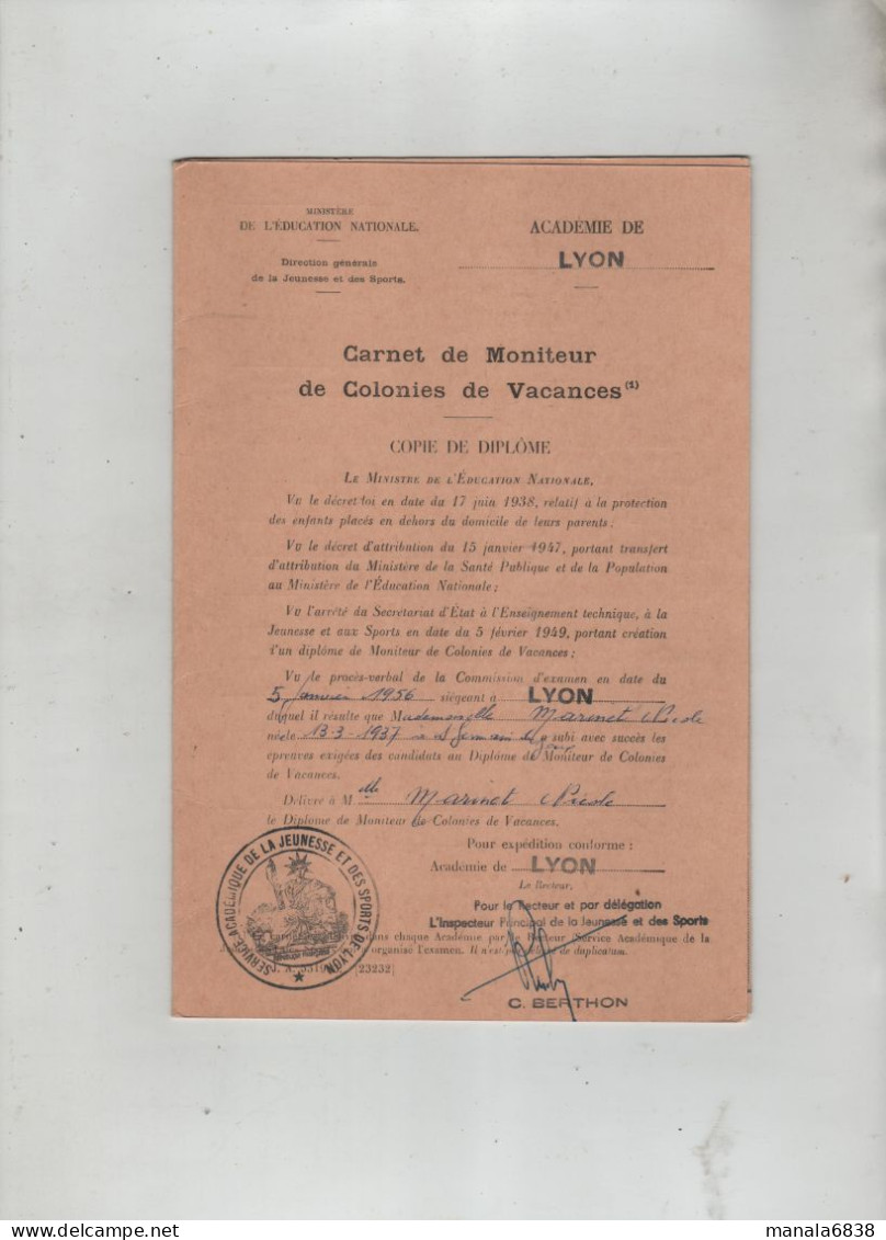 Carnet De Moniteur De Colonies De Vacances Lyon Marinet 1956 - Ohne Zuordnung