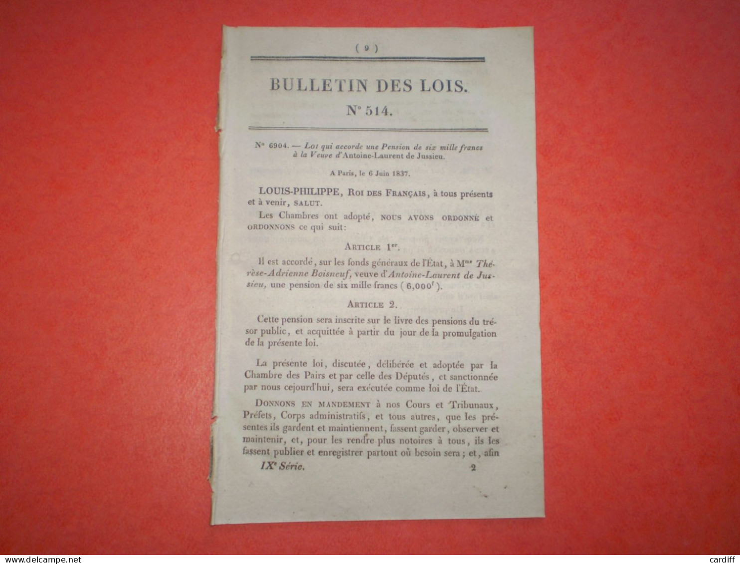 Bulletin Des Lois: Pension Vve Antoine-Laurent De Jussieu. Pont Suspendu Loyettes Avec Tarif. Pont Dolus D'Oléron ... - Decreti & Leggi