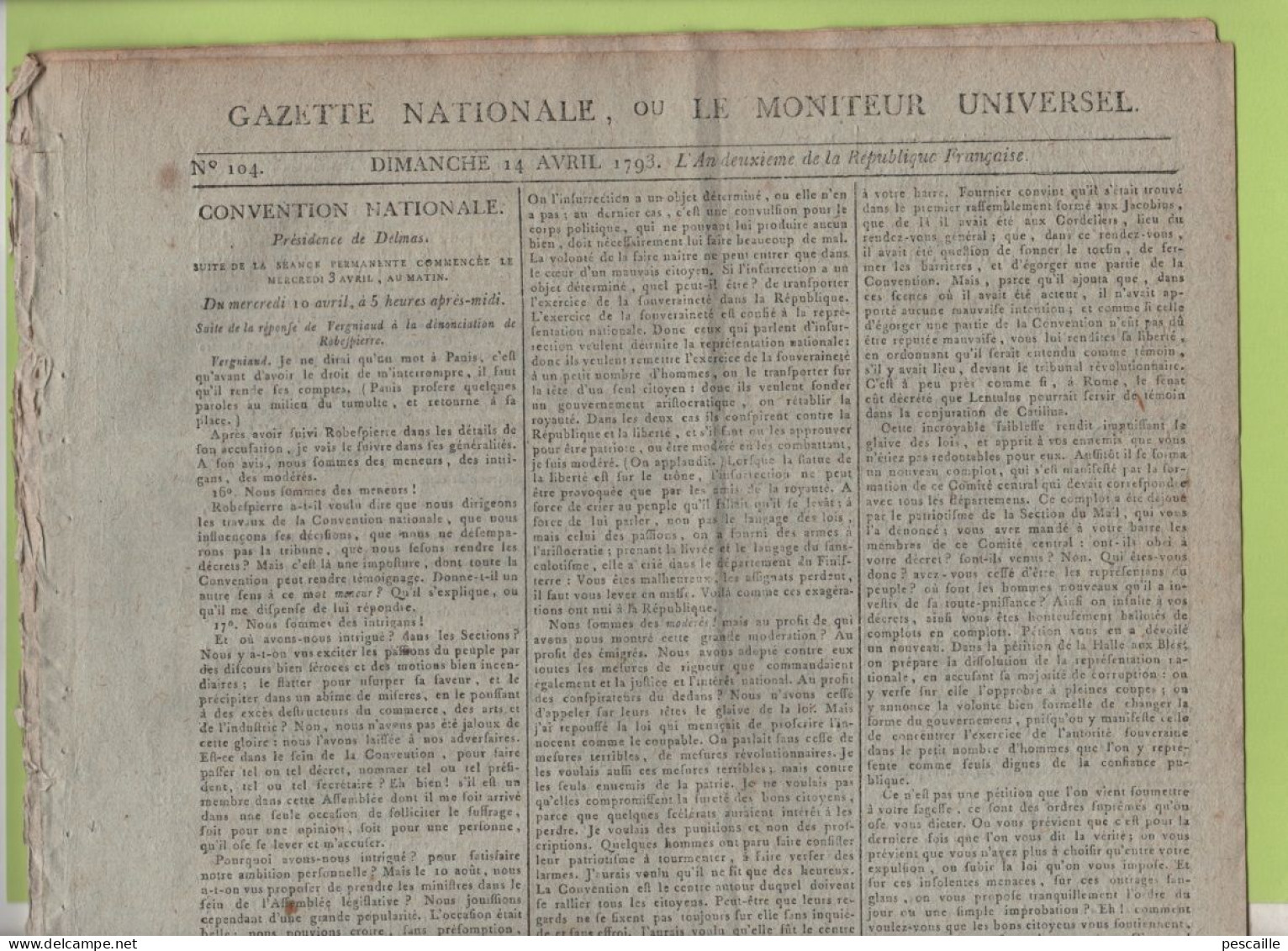 GAZETTE NATIONALE 14 04 1793 - DELMAS - VERGNIAUD ROBESPIERRE GUADET / MARAT / THURIOT / CHOUANS DE BRETAGNE / CUSTINE - Newspapers - Before 1800