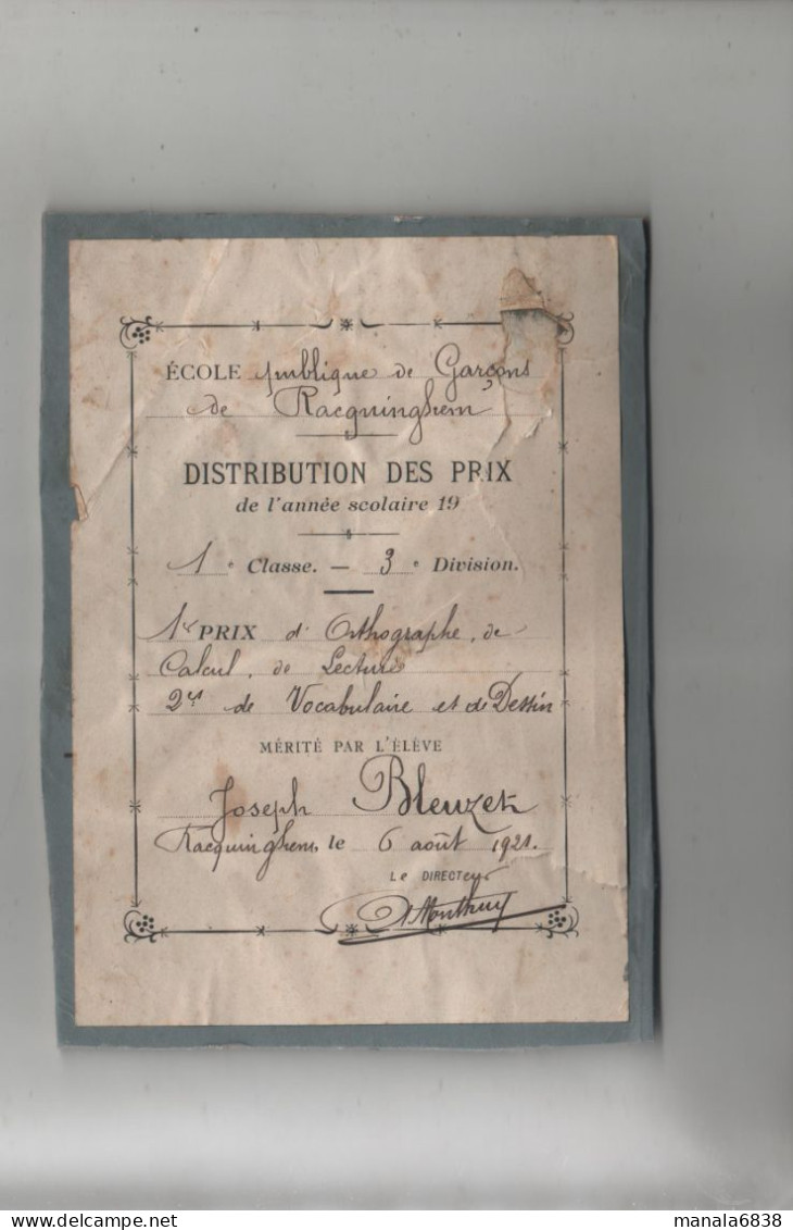 Ecole Publique De Garçons Distribution Des Prix Racquinghem Bleuzet 1921 - Ohne Zuordnung