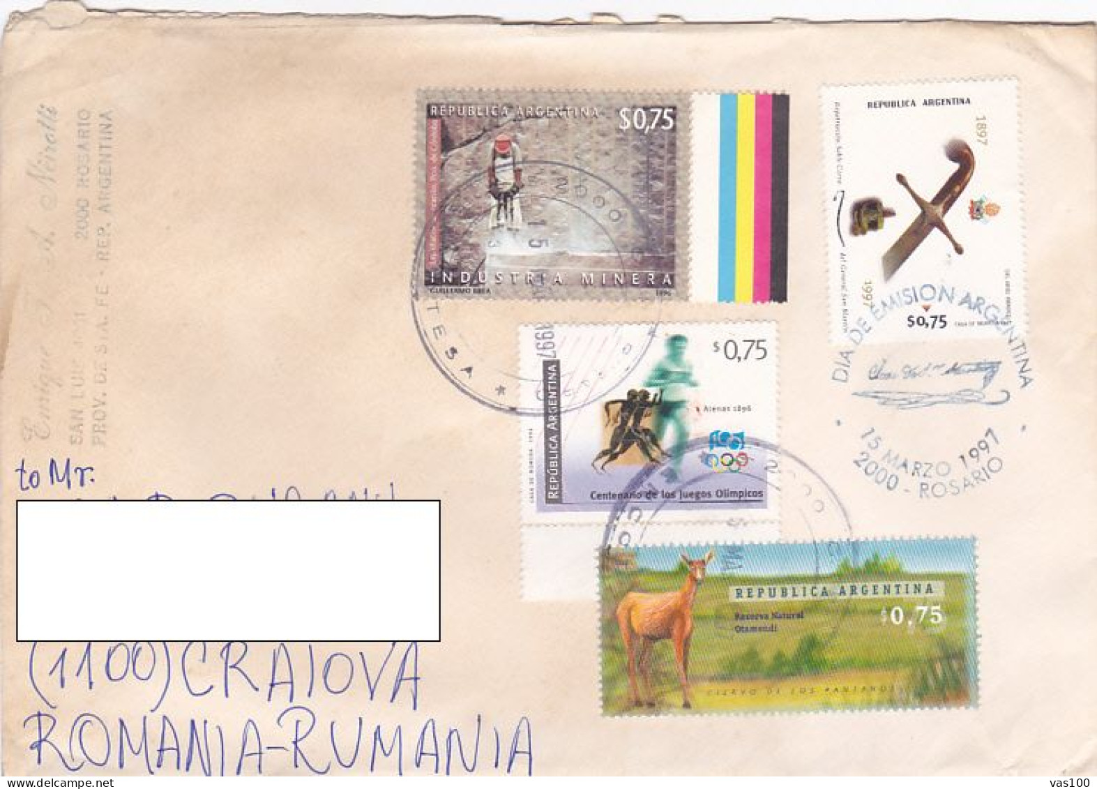 MINING, OLYMPIC GAMES, GENERAL SAN MARTIN'S SWORD, OTAMENDI PARK, STAMPS ON COVER, OBLIT FDC, 1997, ARGENTINA - Storia Postale