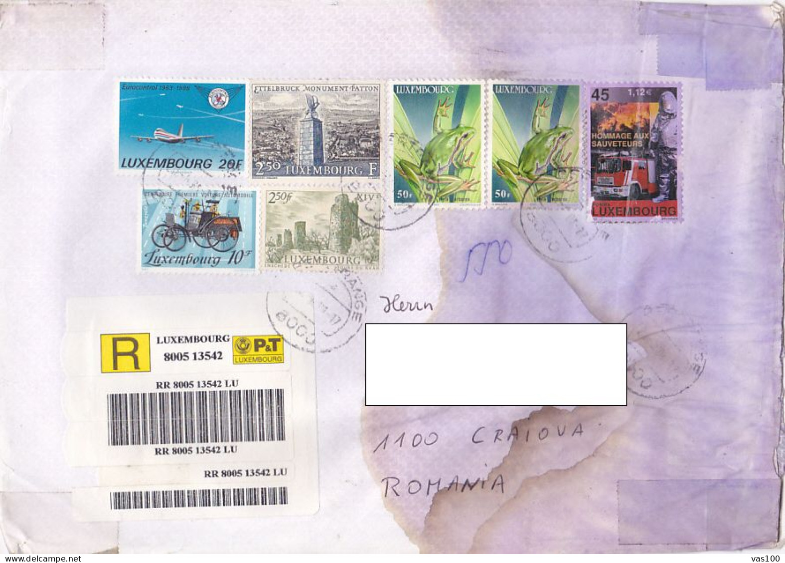 PLANE, FIRST CAR, MONUMENT, TOWER, FROG, FIREFIGHTERS, STAMPS ON REGISTERED COVER, 2001, LUXEMBOURG - Storia Postale