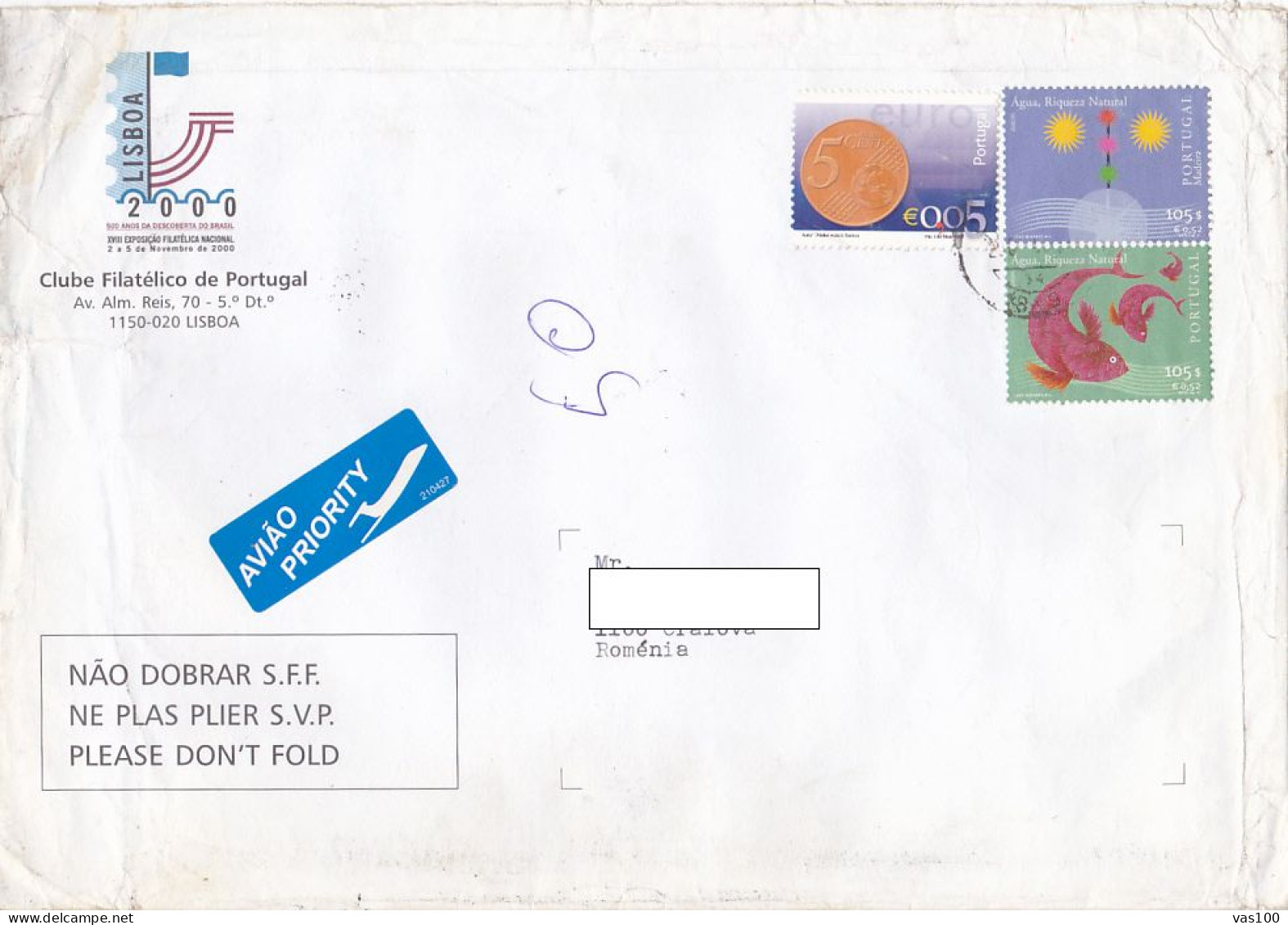 EURO CURRENCY, COIN, SAVE WATER, FISH, STAMPS ON COVER, 2002, PORTUGAL - Cartas & Documentos