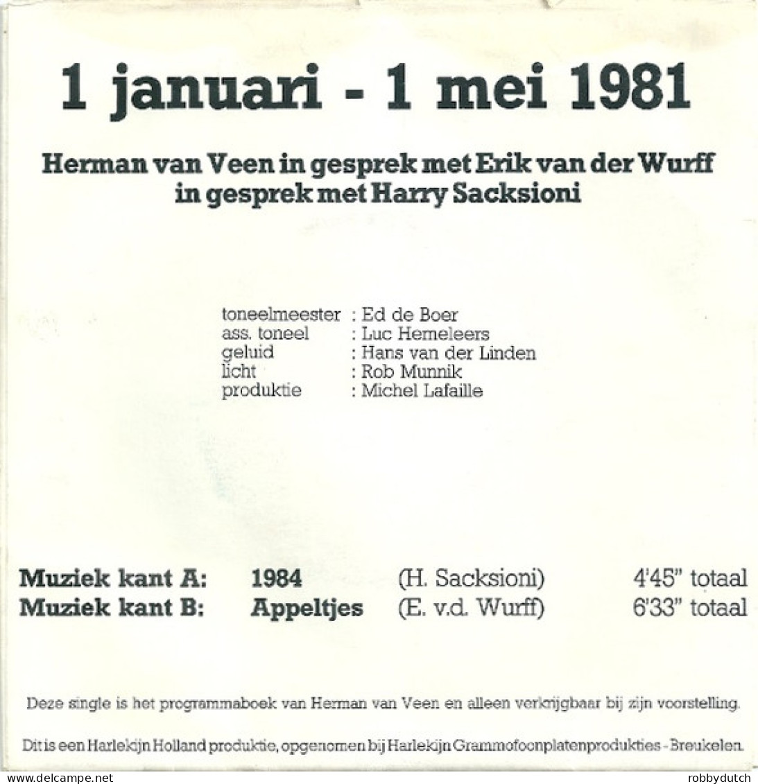 * 7" EP  *  HERMAN VAN VEEN - 1 JANUARI - 31 MEI 1981 (Gesprek Tussen Herman Van Veen / Harry Sacksioni / Erik Van Der W - Autres - Musique Néerlandaise