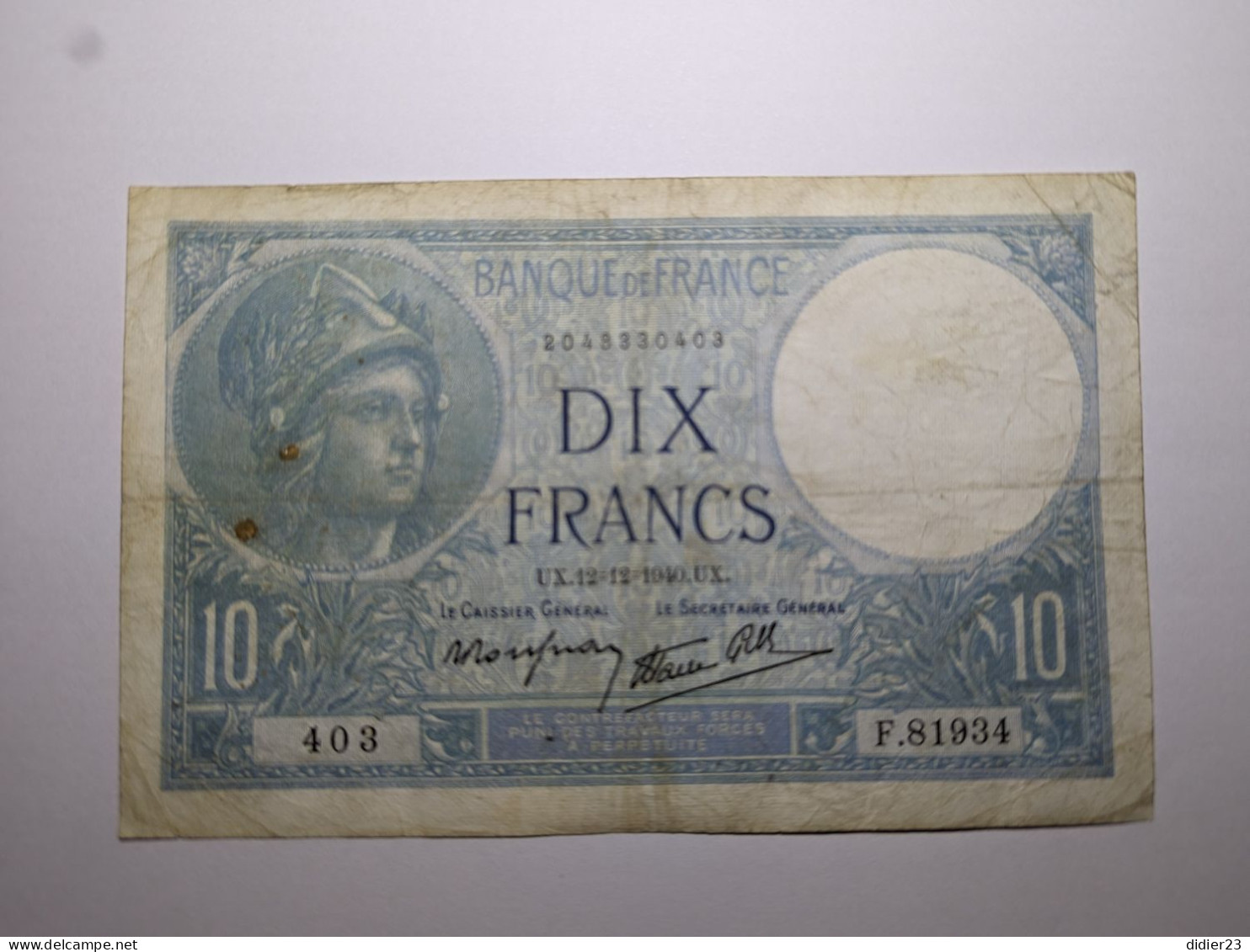 BILLET DE BANQUE  BANQUE DE FRANCE 2048330403 DIX FRANCS UX.12-12-1040.UX. 10 403 - 10 F 1916-1942 ''Minerve''