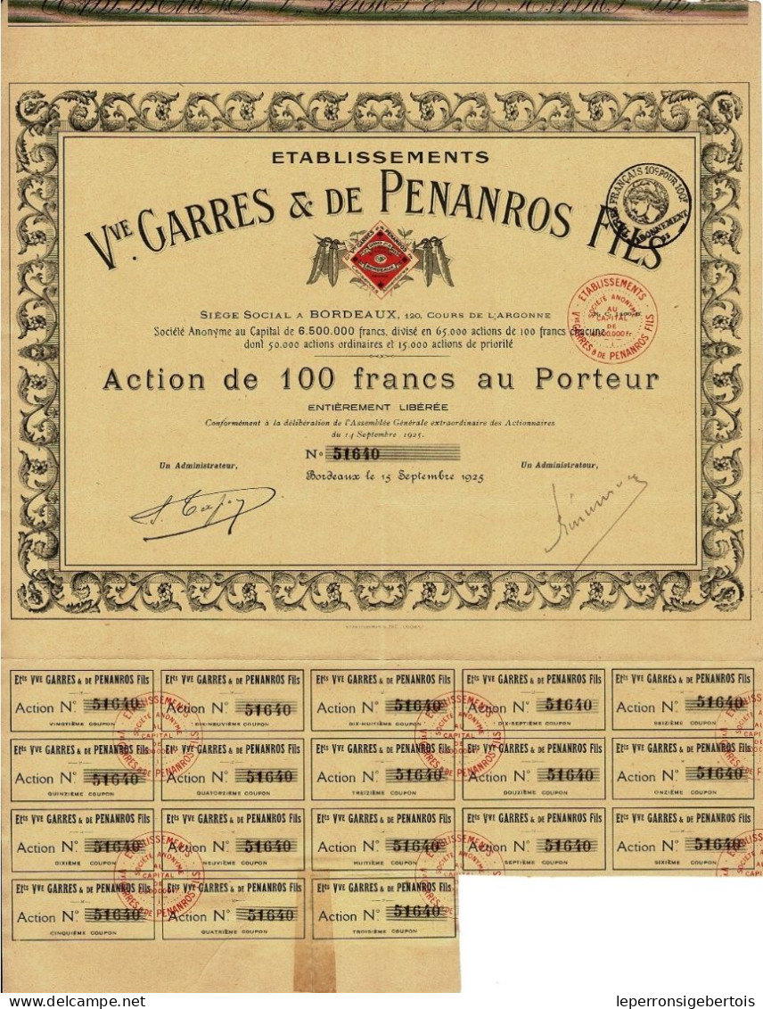 - Titre De 1925 - Etablissements Vve Garres & De Penanros Fils - Bordeaux - - Industrie