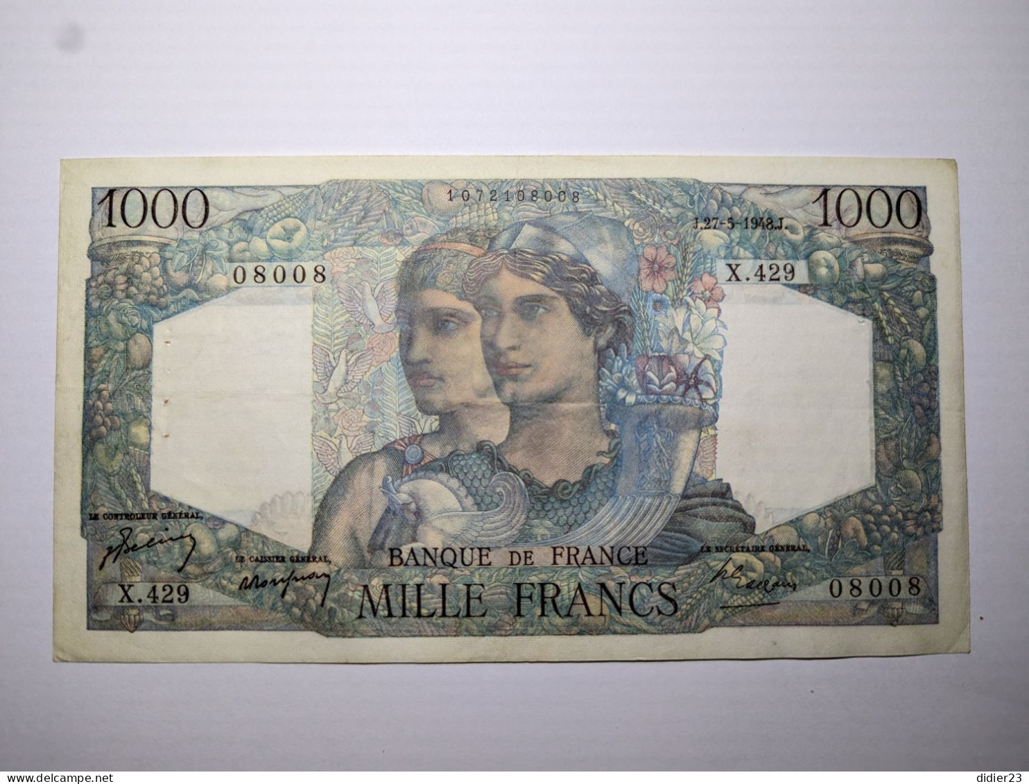 BILLET DE BANQUE  BANQUE DE FRANCE 1000 107 2108008 08008 J.27-5-1948.J. 1000 X.429  X.429 - 50 F 1946-1951 ''Le Verrier''