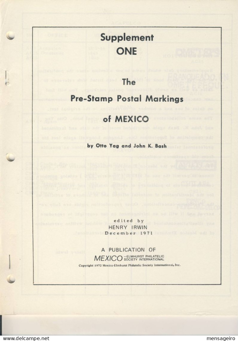 (LIV) - THE PRE-STAMPS POSTAL MARKING OF MEXICO - OTTO YAG - JOHN BASH 1971 - Filatelie En Postgeschiedenis