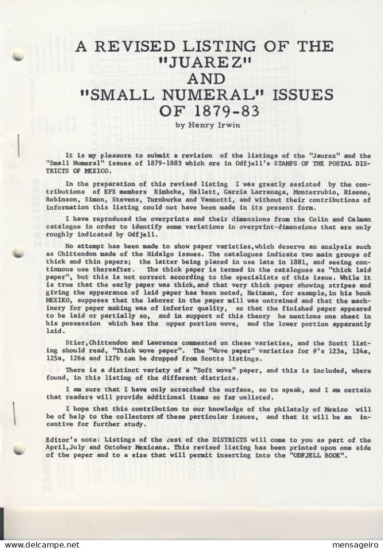 (LIV) - MEXICO A REVISED LISTING OF THE JUAREZ AND SMALL NUMERALS ISSUES OF 1879-83 - HENRY IRWIN - Philatélie Et Histoire Postale