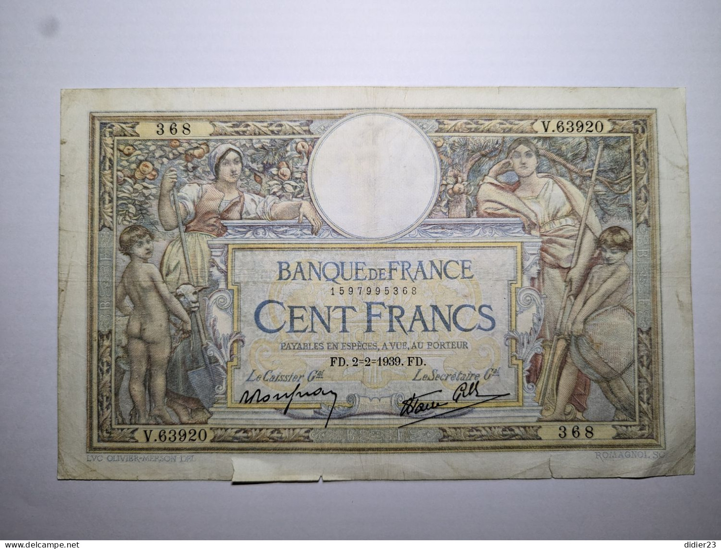 BILLET DE BANQUE 368 V.63920 BANQUE DE FRANCE 1597995368 CENT FRANCS , A VUE, AU PORTEUR FD. 2-2-1939. - 100 F 1908-1939 ''Luc Olivier Merson''