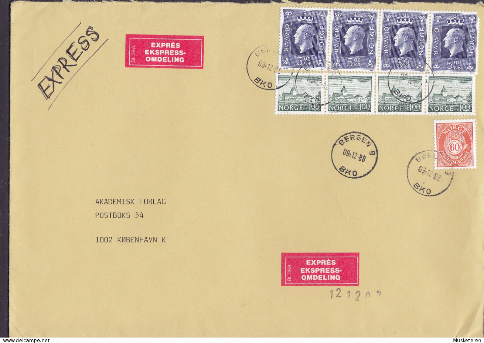 Norway EXPRÉS Ekspress-Omdeling Labels BERGEN 1988 Cover Brief Lettre KØBENHAVN Denmark 2x 4-Stripes - Brieven En Documenten