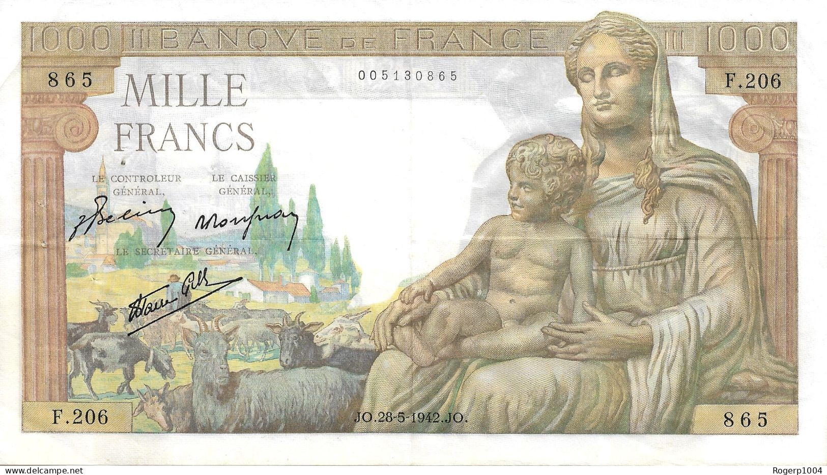 FRANCE * 1.000 Francs * Déesse Demeter * Date 28/05/1942 * F.40.01 * État SUP/XXF * - 1 000 F 1942-1943 ''Déesse Déméter''