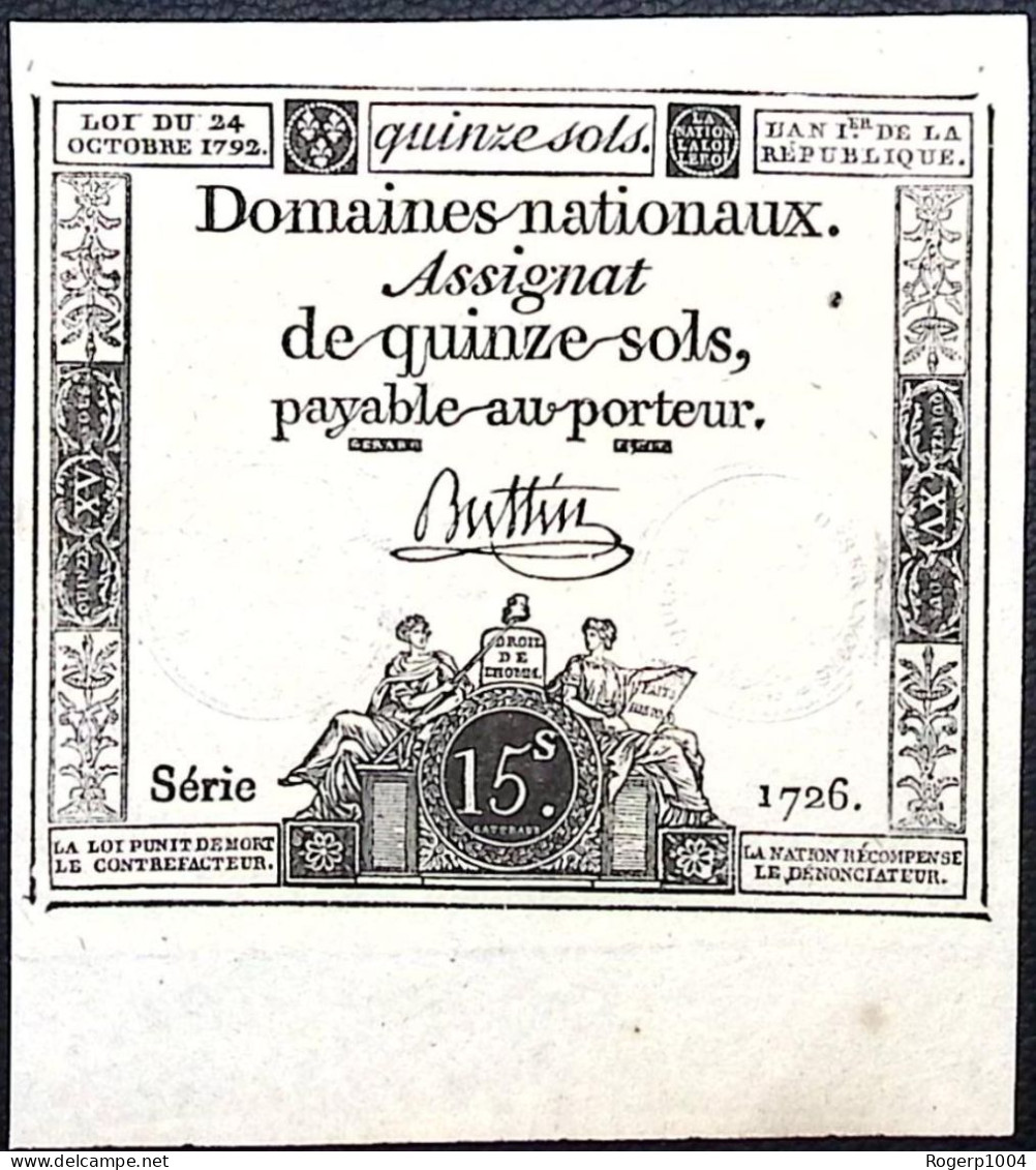 FRANCE * Assignat De 15 Sols * Date 24/10/1792 An I *  État/Grade SPL/AU * MM28/LAF 160 - Assignats & Mandats Territoriaux