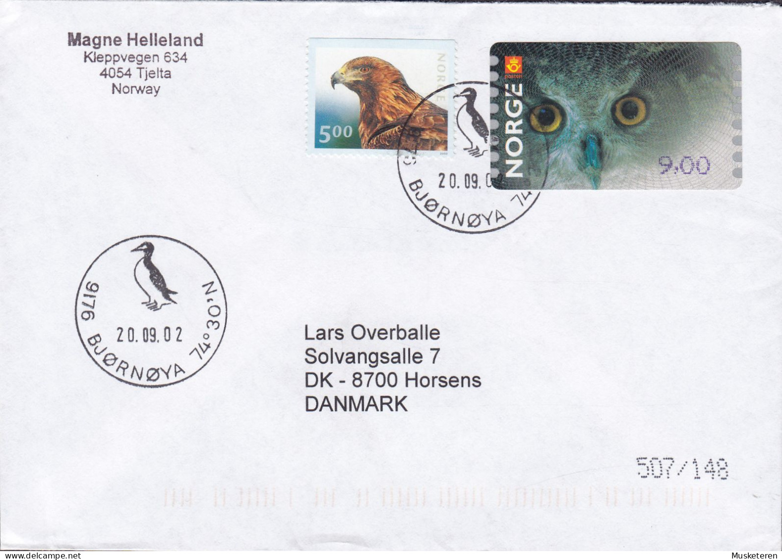 Norway Sonderstempel BJØRNØYA 2002 Cover Brief Lettre HORSENS Denmark Bird Vogel Oiseau Eagle Adler Owl Uhle ATM / Frama - Covers & Documents