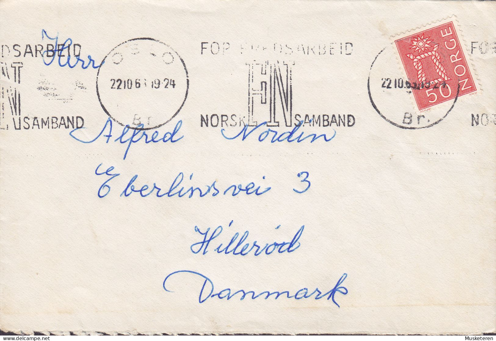 Norway Slogan 'For Fredsarbeid FN Norske Samband' OSLO 1965? 'Petite' Cover Brief Lettre HILLERØD Denmark - Lettres & Documents
