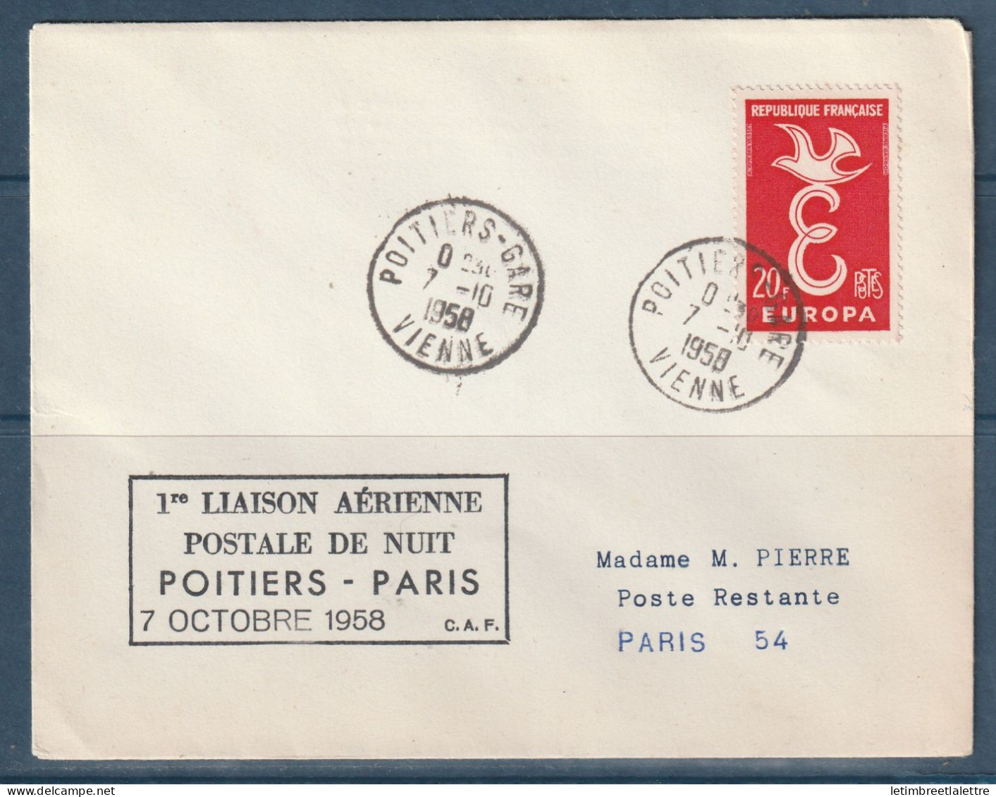 France - Première Liaison Postale De Nuit Poitiers Paris - 7 Octobre 1958 - Primeros Vuelos