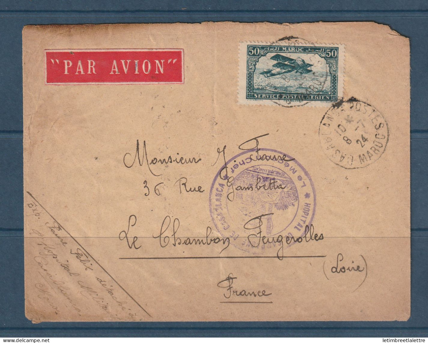 Maroc - Poste Aérienne - YT N° 3 - Hôpital De Campagne De Casablanca - Le Médecin Chef - Pour La France Par Avion - 1924 - Luftpost