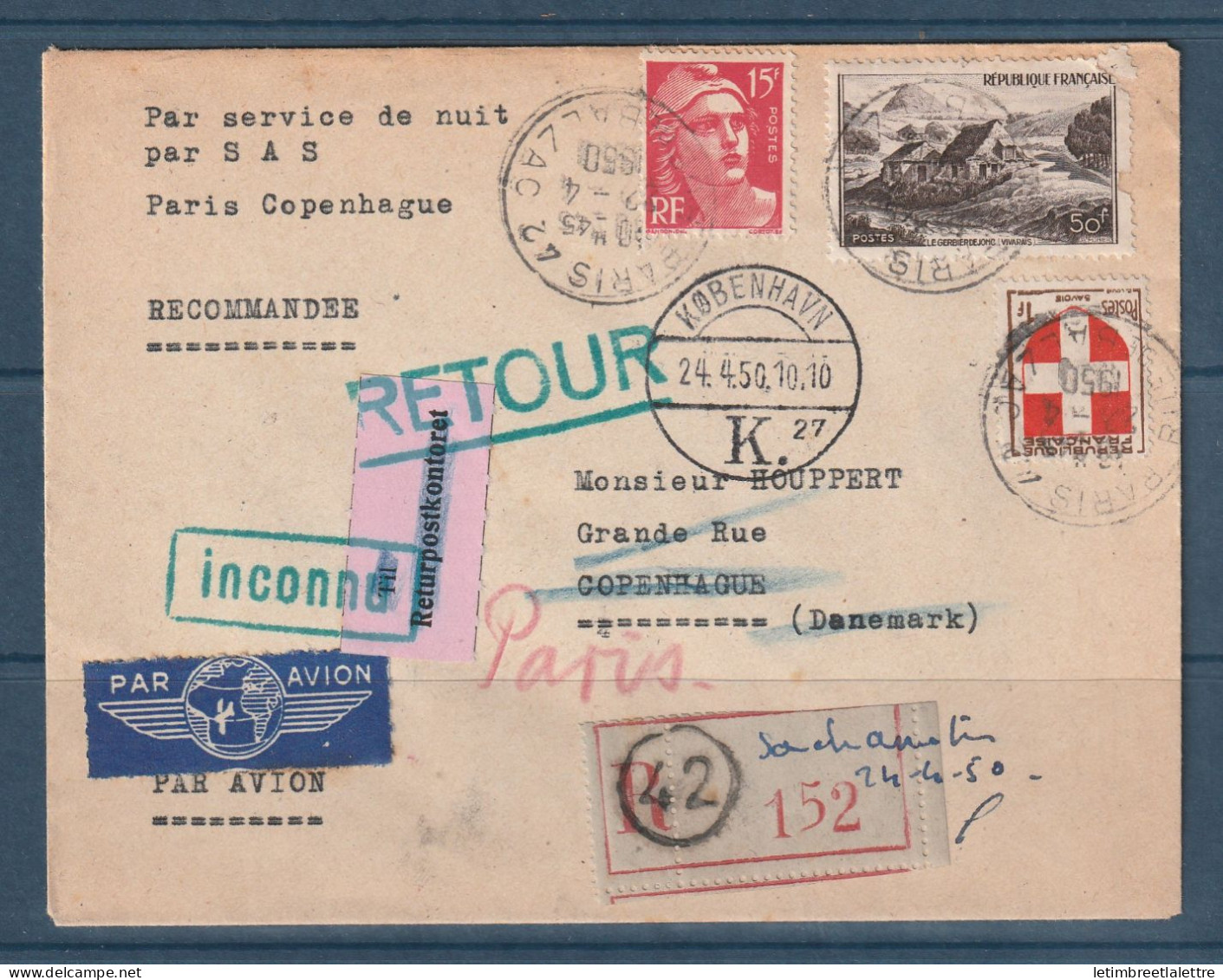France - Service De Nuit Par SAS - Paris Copenhague - Retour à L'envoyeur En Recommandé - 1950 - First Flight Covers