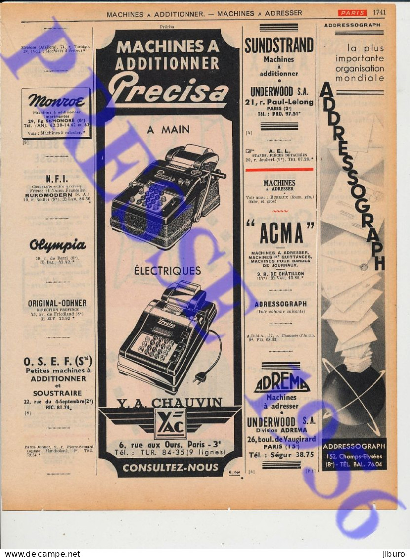 Publicité Chauvin Machine à Additionner Precisa Adresser Addressograph Novadresse Gaudiet Paris Vitadresse Elliott Adrex - Publicités