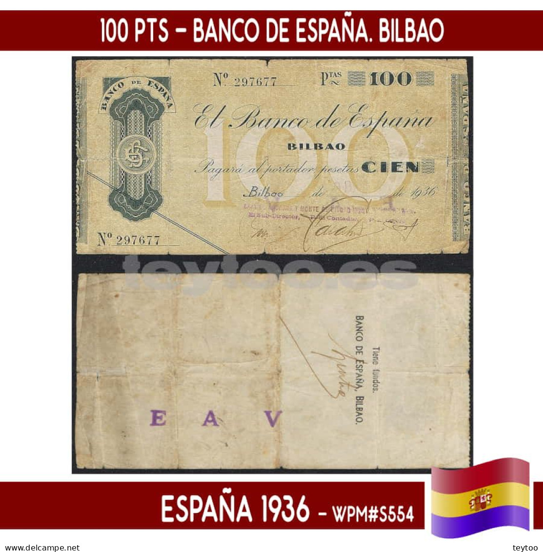 C1827.1# España 1936. 100 Pts. Banco De España. Bilbao (VF) WPM#PS554 - 25 Pesetas